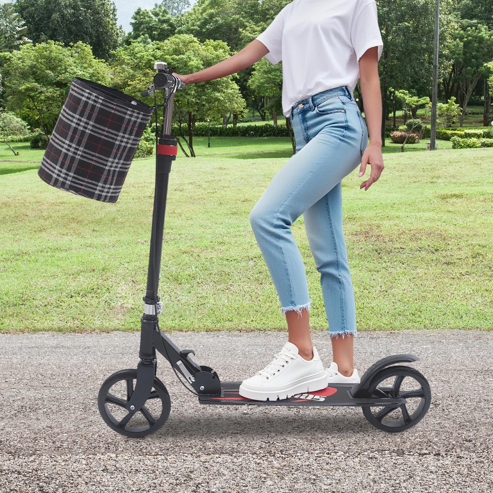 Patinete plegable para adultos y niños con freno de mano, pedal mate y bolsa de almacenamiento, altura ajustable de acero al carbono con capacidad de carga de 150 kg