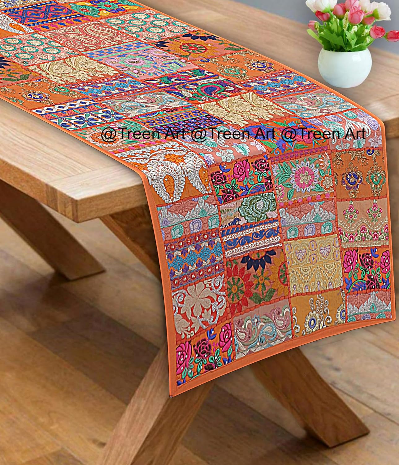 Treen ArtNew Linen Table Runner Ethnic 100% Cotton Embroidered Handcrafted Home Decor Long Patchwork Dining Table Cloth (Orange, 12"" W x 72"" L)