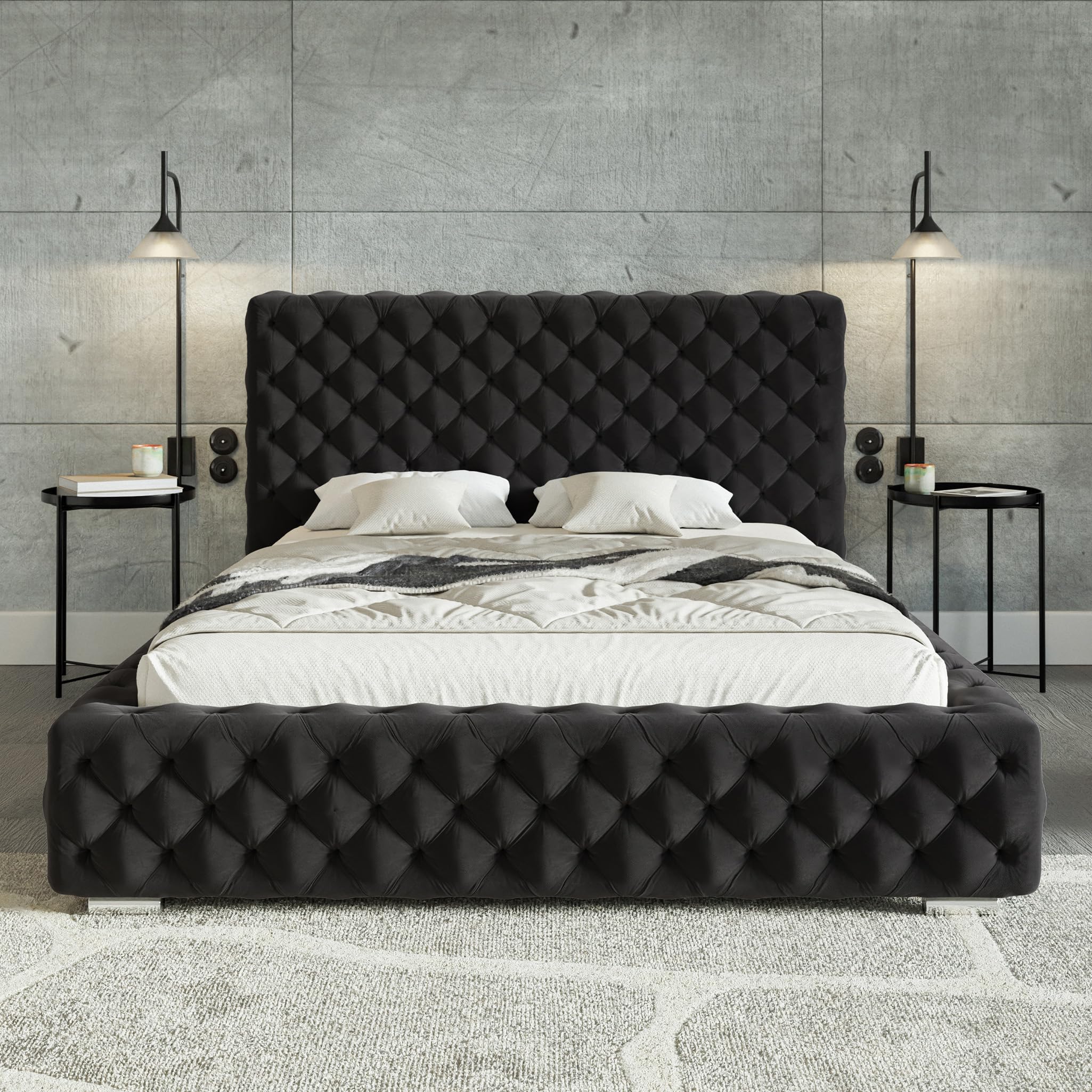 MOTIVENA Dianna Chesterfield Bett 180x200 Schwarz Samt, mit Stauraum, mit Kopfteil, mit Lattenrost, mit Füßen, ohne Matratze, Chesterfield Polsterbett 180x200 mit Bettkasten Schwarz