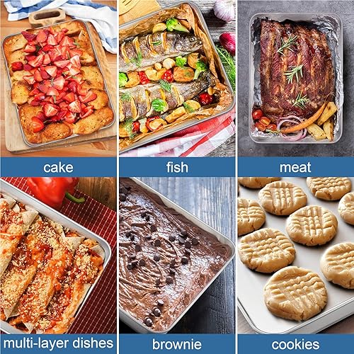 Miniatura 7 de P&P CHEF Bandeja rectangular de acero inoxidable de 12.3 pulgadas para carnes de brownie y lasaña, bandeja de galletas que cabe en horno tostador,