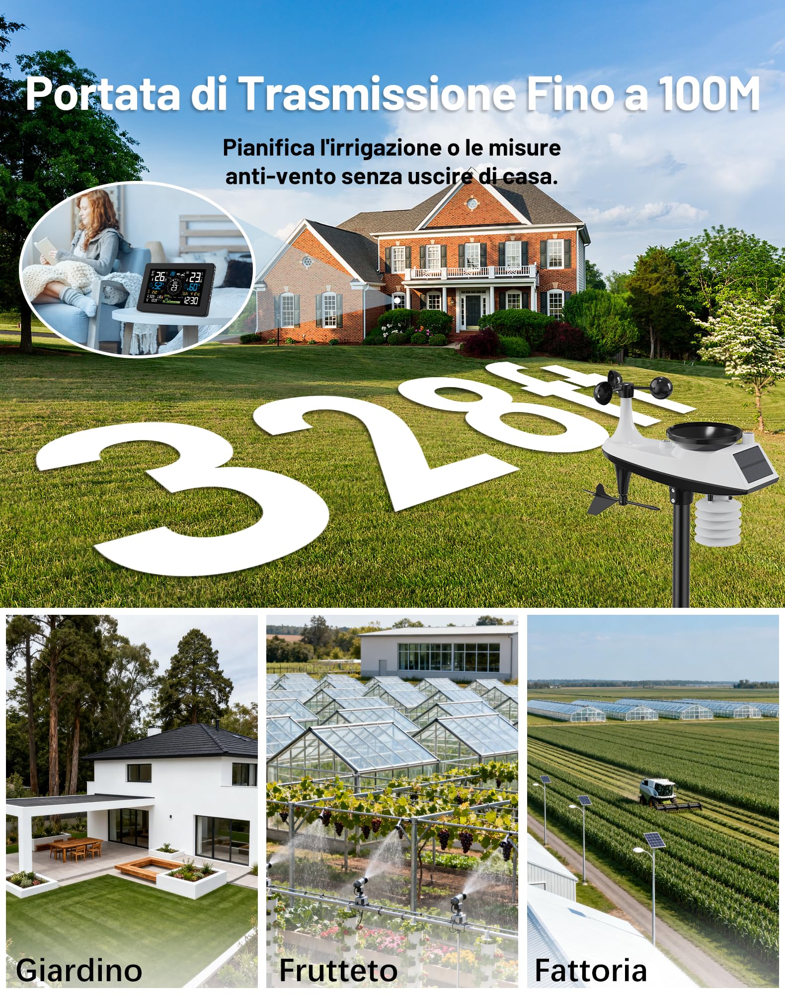 Stazione Meteo con Sensore Esterno Interno, WiFi Stazione Meteorologica con Sensore Esterno 11 in 1 per Vento, Umidità, Temperatura, Previsioni del Tempo, Livello UV e Intensità Luminosa, Nero
