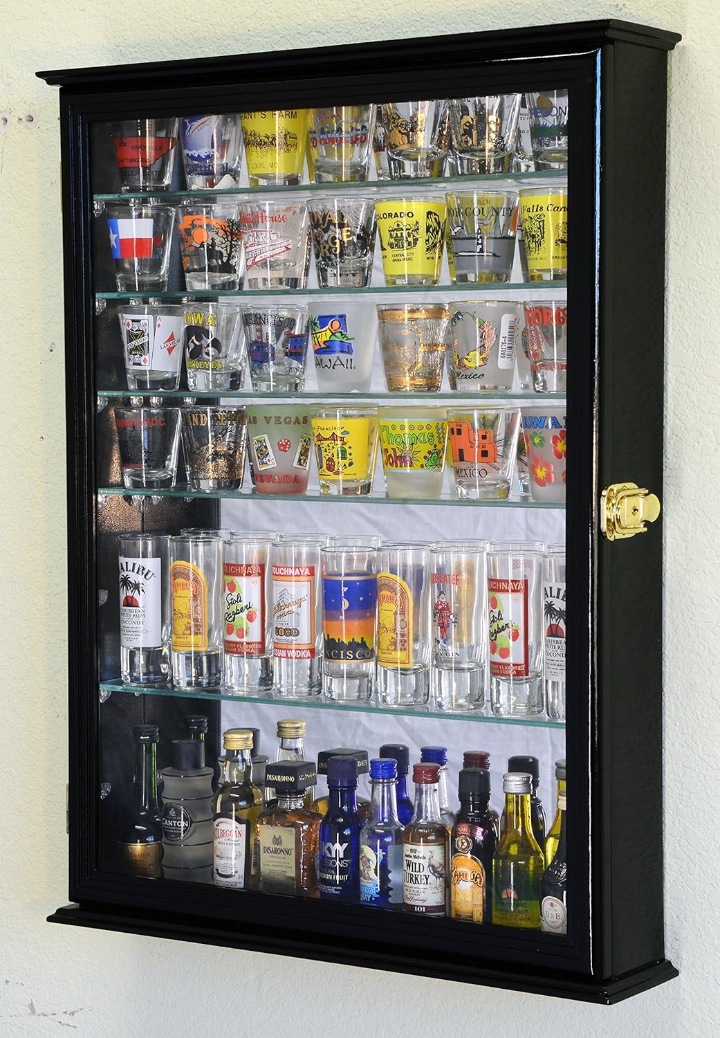 sfDisplay.com,LLC. Large Mirror Backed and 7 Glass Adjustable Shelves Shot Glass Glasses Shooter Display Case Holder Cabinet Shotglass, Walnut