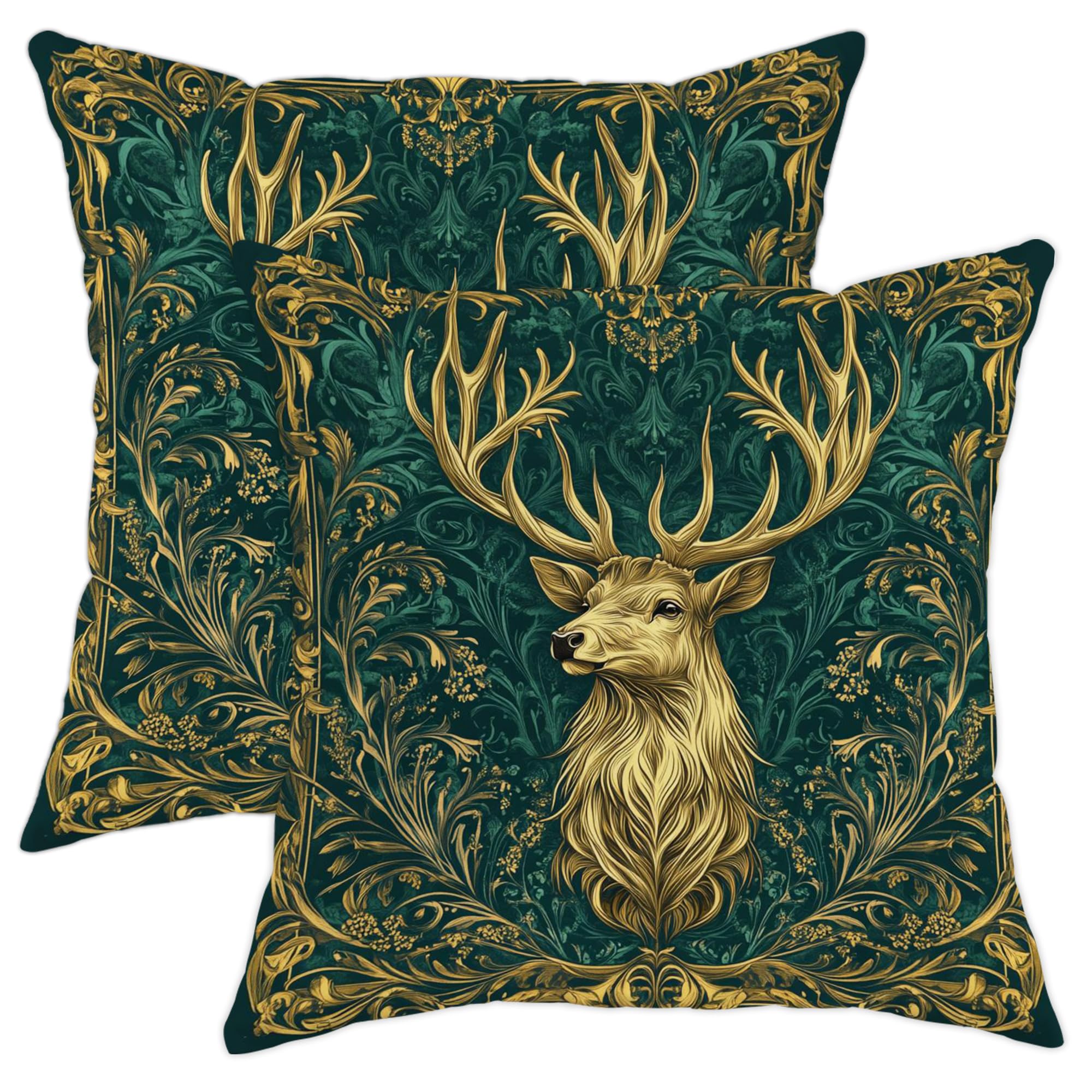 Fall Stag Throw Pillow Covers Set of 2, Dark Green Golden Deer Decorative Cushion Cases, Baroque Farmhouse Seasonal Sofa Couch Home Decor 12x12 Inch