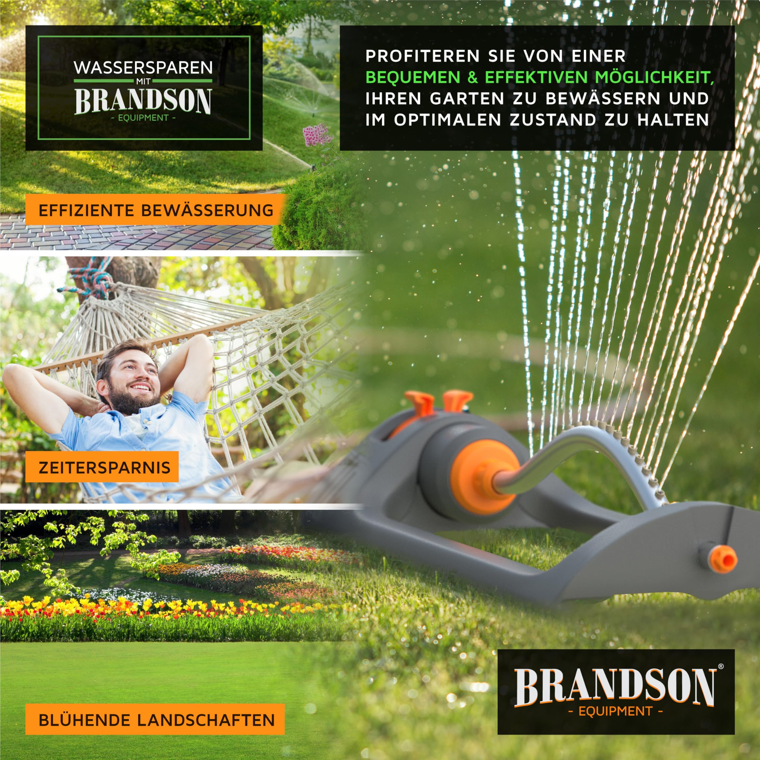 Brandson - Rasensprenger Viereckregner Rasensprinkler 3/4 Zoll - Garten Oszillations Regner – für gleichmäßige Flächenbewässerung – große Flächen bis zu 250 m² - schwarz