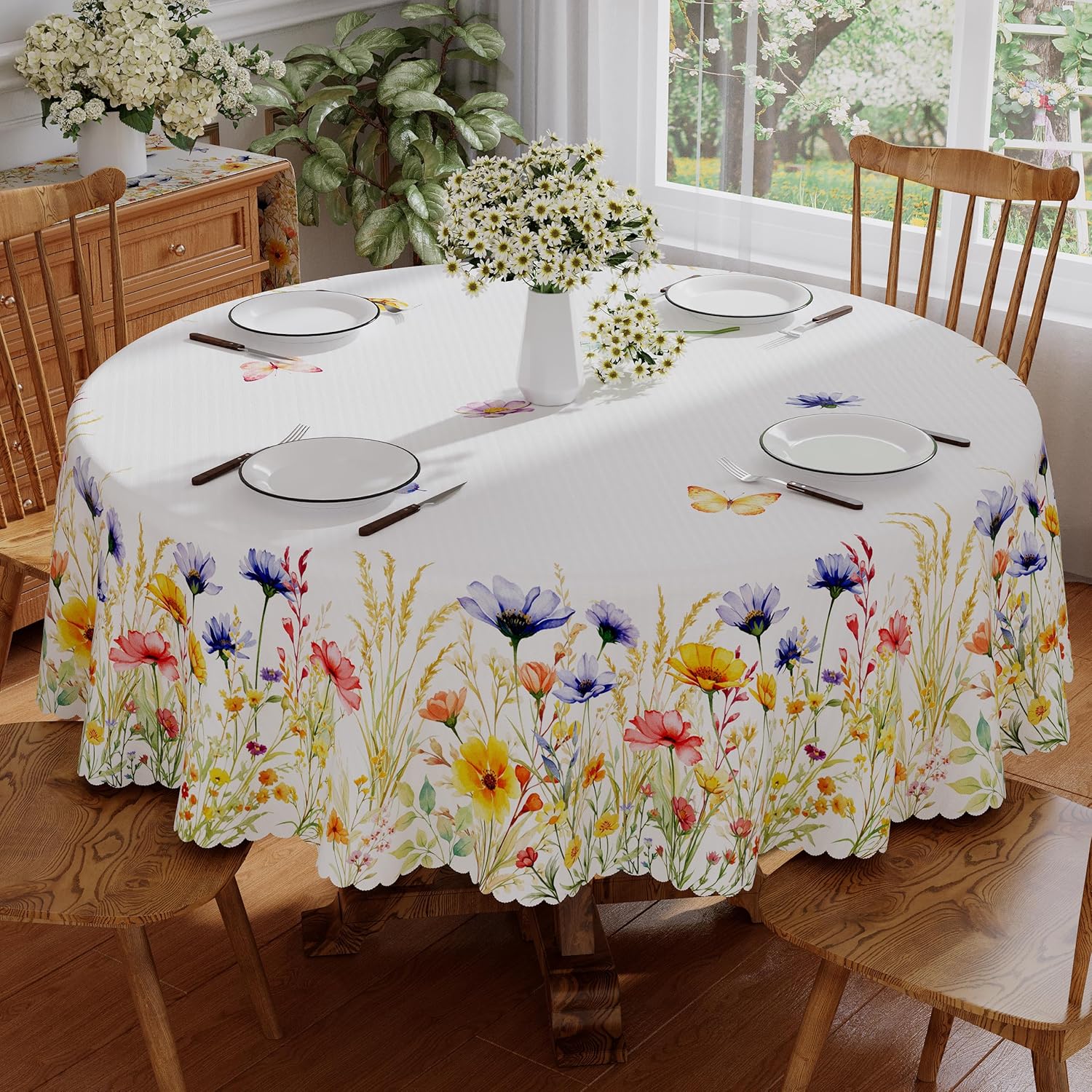 Siilues Spring Tablecloth Round 70x70 Inch, Washable Watercolor Floral Butterfly Colorful Spring Table Cloth Seasonal Summer Waterproof Scalloped Edge Party Decorations Picnic Dining Table Cover
