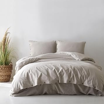 100% Cotton Double Size Duvet Cover Set - Washed Yarn Dyed, Striped 3pcs Bedding with Pillowcases, Button Closure Brown