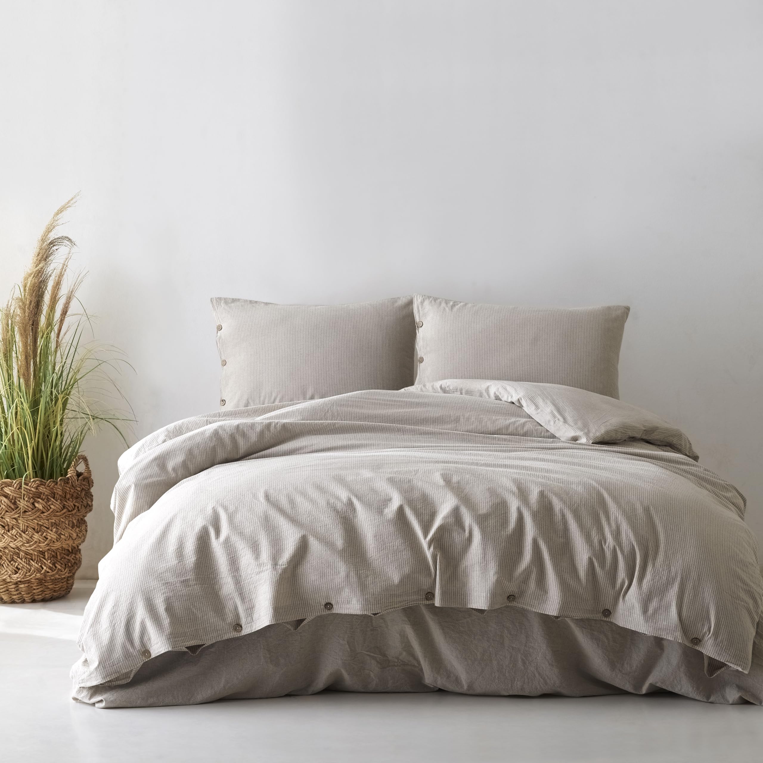 LILENSE 100% Cotton Double Size Duvet Cover Set - Washed Yarn Dyed, Striped 3pcs Bedding with Pillowcases, Button Closure (Brown) โ image 1