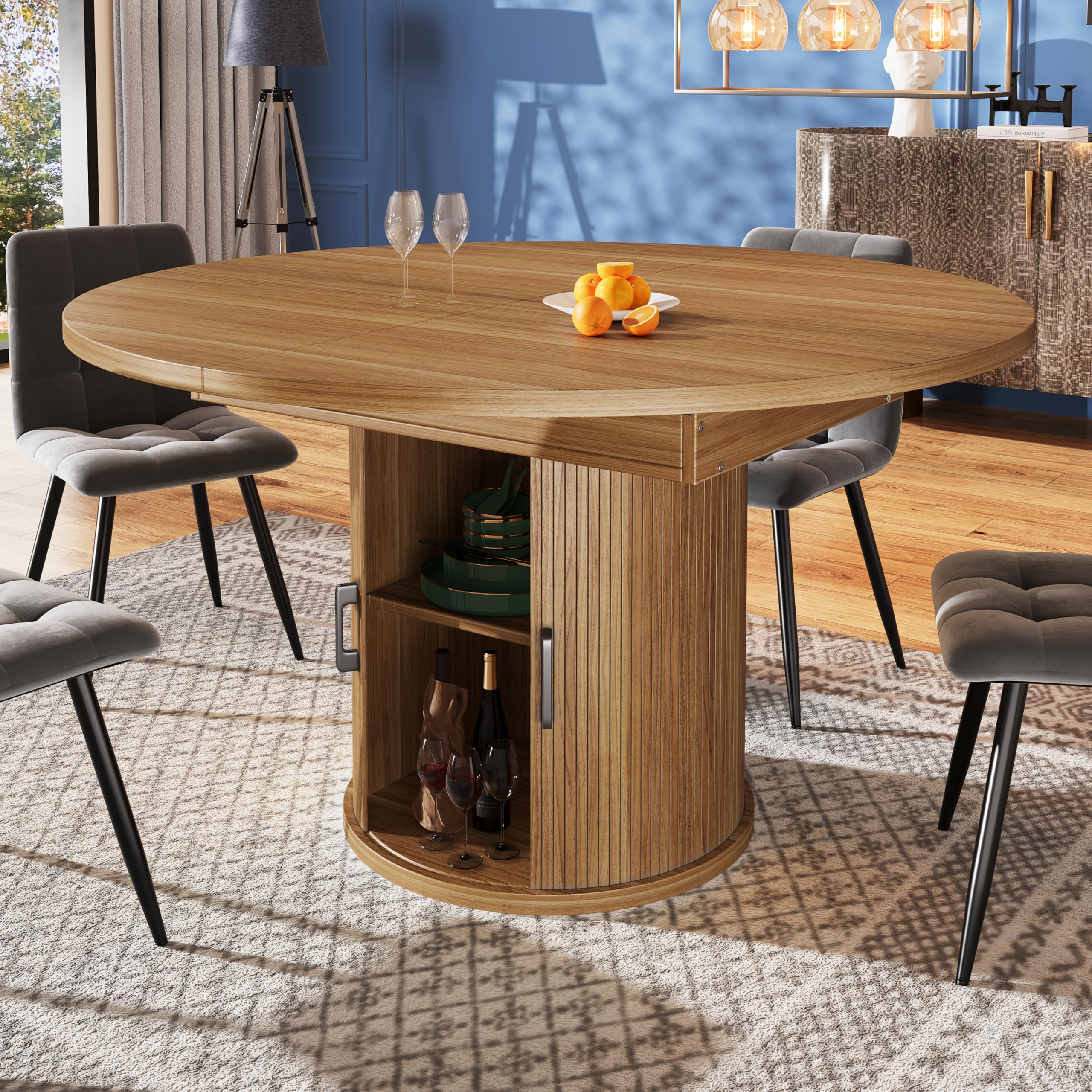 ZYLOYAL10 Esszimmertisch, Esstisch ausziehbar, Küchentisch, balkontisch, ausziehbare Tischplatte Runder Esstisch, ausziehbar zu oval, 118-158 cm, Platz für bis zu 6 Personen (Walnut)