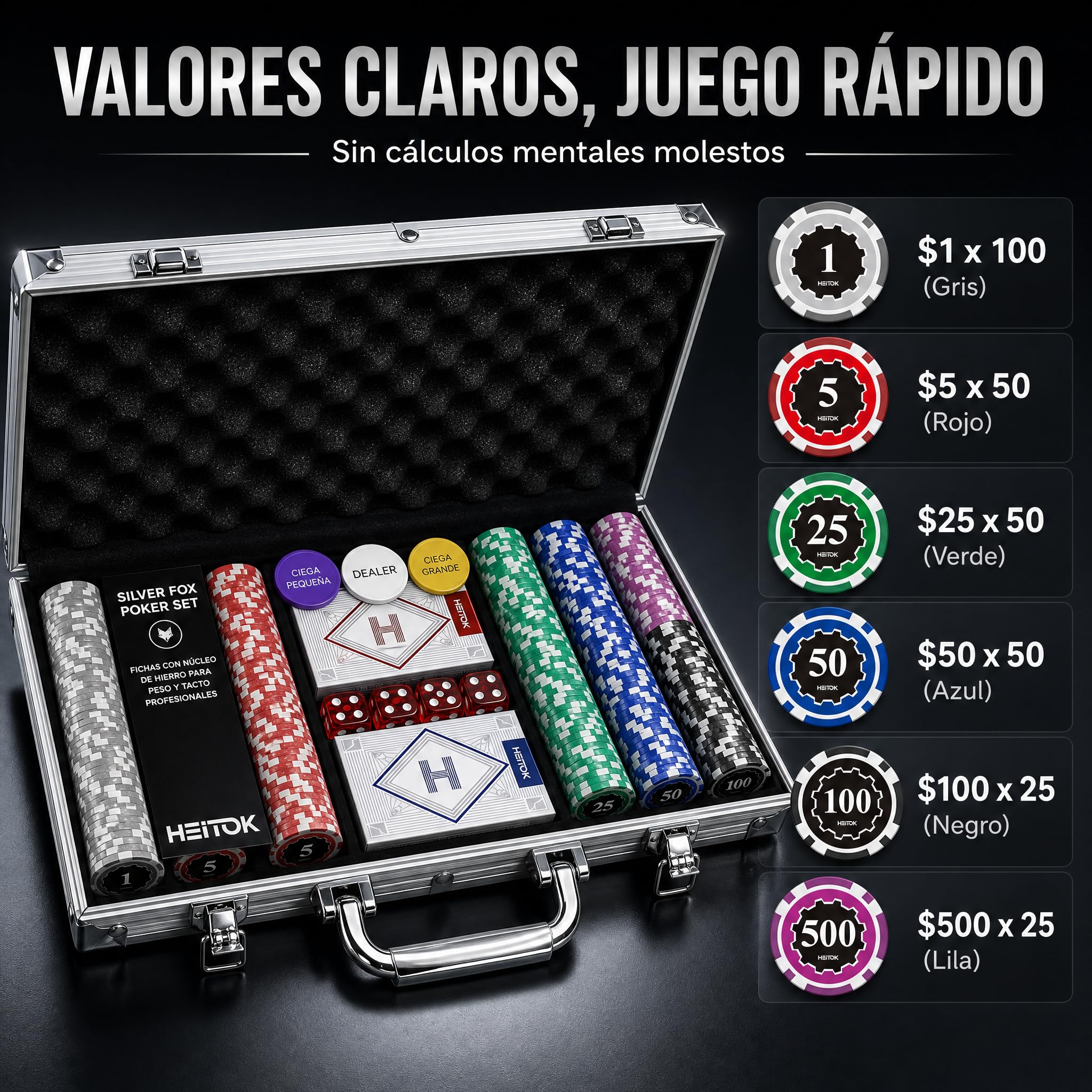 HEITOK Maletín de Póker Profesional 300 Fichas Numeradas 11.5g Núcleo Metal - Estuche Aluminio, 2 Barajas, Dados y Botones para Texas Holdem