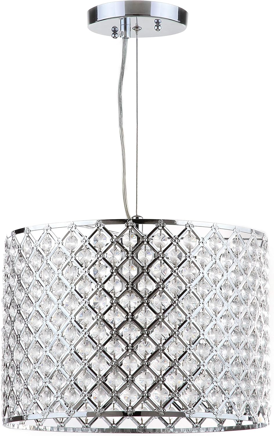 SAFAVIEH Lighting Collection Silva Art Deco Modern Farmhouse Shabby Chic Chrome Beaded Diamond 12-inch Diameter Adjustable Hanging Pendant Light Fixture (LED Bulb Included)