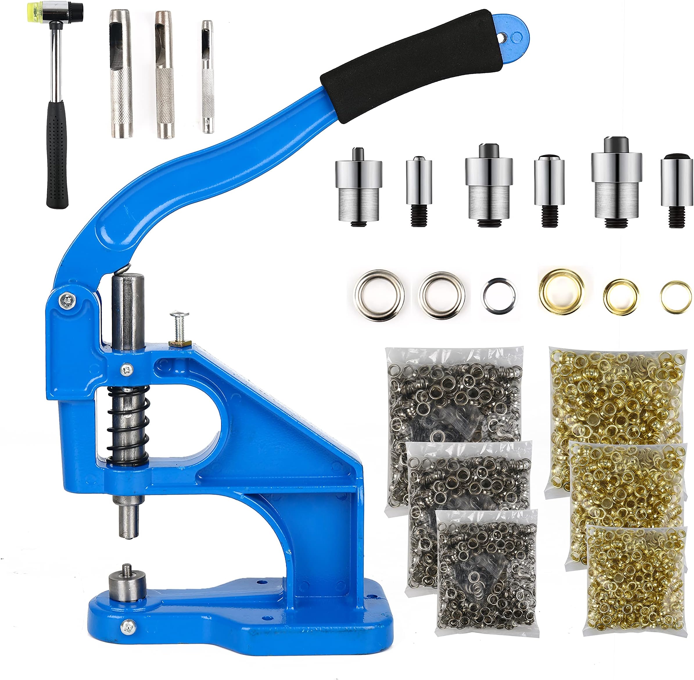 Hand Press Grommet Machine Kits, 3 Die Hand Press Grommet Machine Heavy Duty Hand Press Eyelet Grommet Machine Punch Tool Kit, Grommet Machine with 3000 Grommets, Hole Punch Tool (6mm,10mm,12mm)