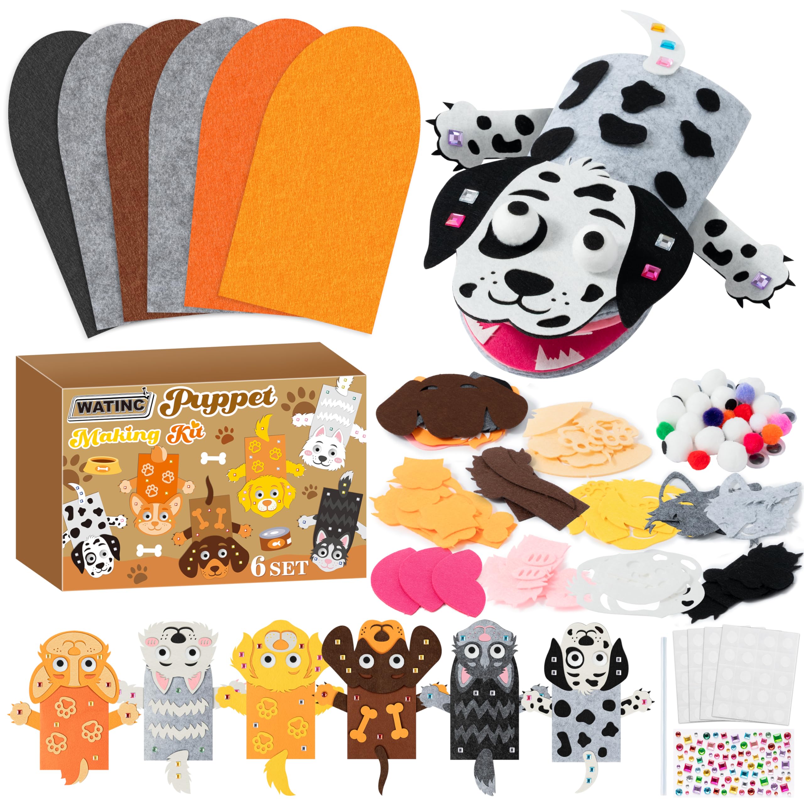 WATINC 6Pcs Hand Puppet Making Kit, Art Craft Felt Sock Puppet Toys, Creative DIY Make Your Own Pompoms Wiggle Googly Eyes Storytelling Role Play Party Supplies Gift for Girls Boys (Dog A6p) โ image 1