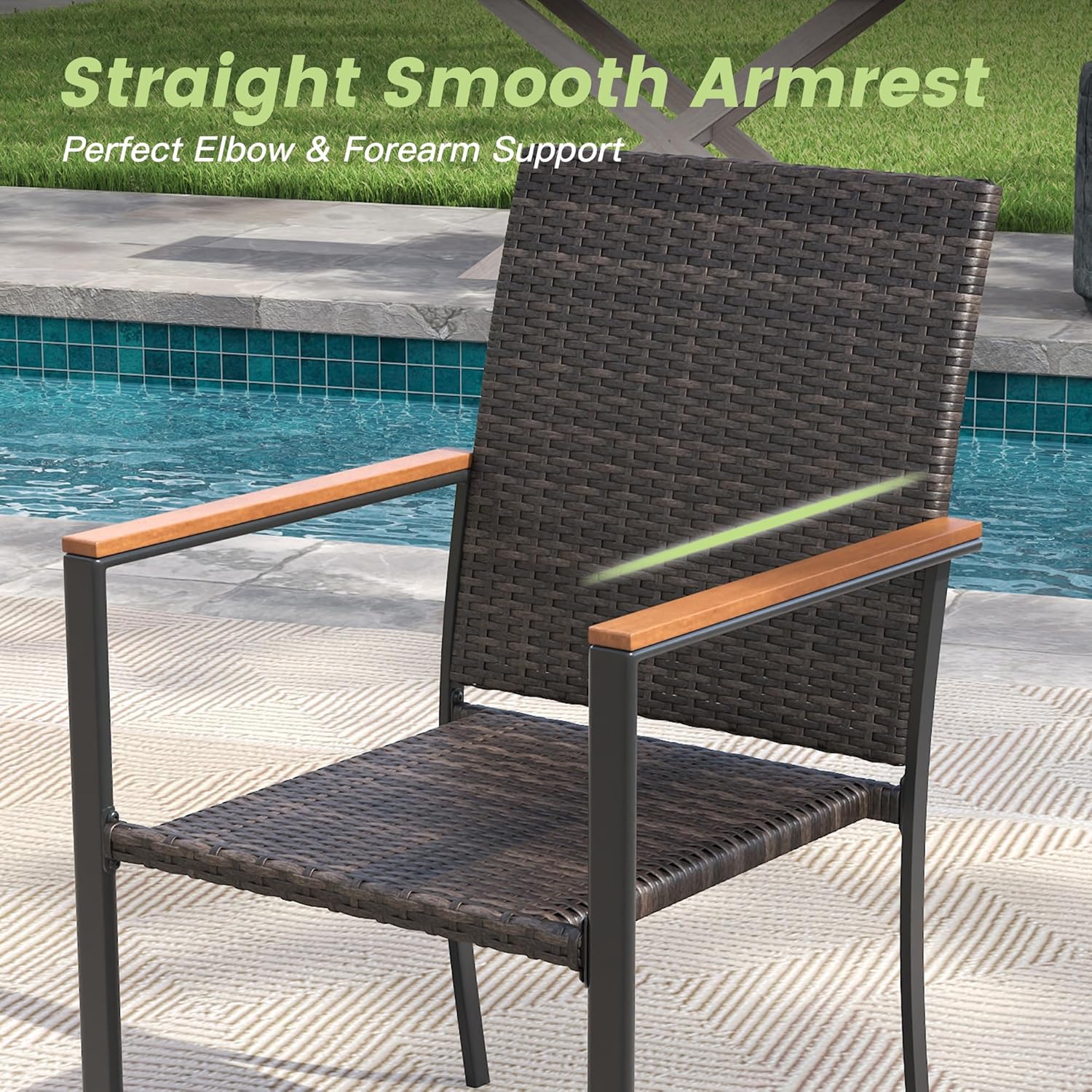 Round Patio Dining Set for 6, Outdoor Furniture Set of 47.2" Round Metal Table with Umbrella Hole and Stackable Wicker Patio Chairs for Backyard Lawn Garden, Walnut Chairs, Black Table