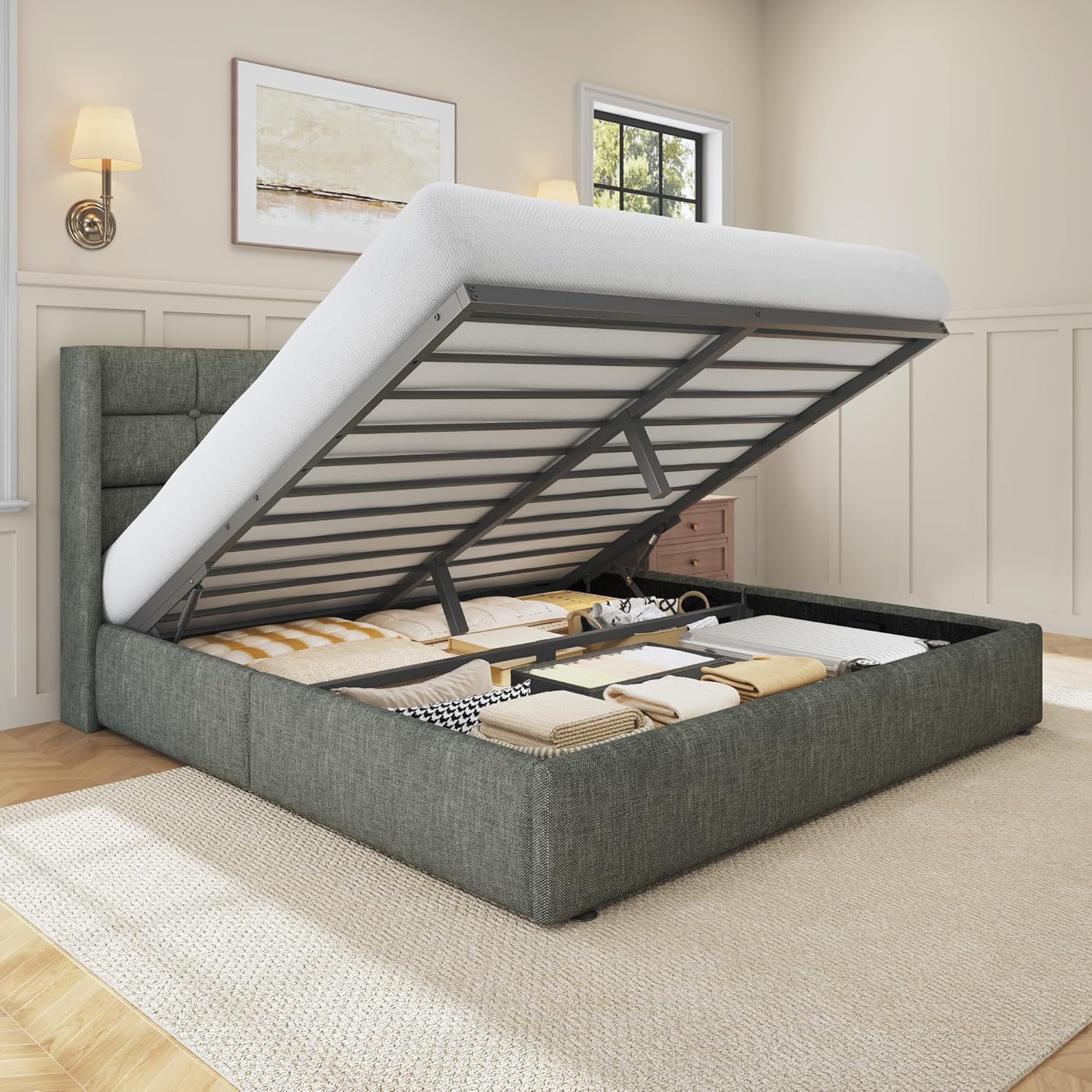 HISOFT Queen Size Lift Up Storage Bed Frame, Linen Upholstered Platform Bed with Wingback Headboard, Heavy Duty Hydraulic Gas Lift Underbed Space, Reinforced Full Metal Slats, Noise Free, Beige