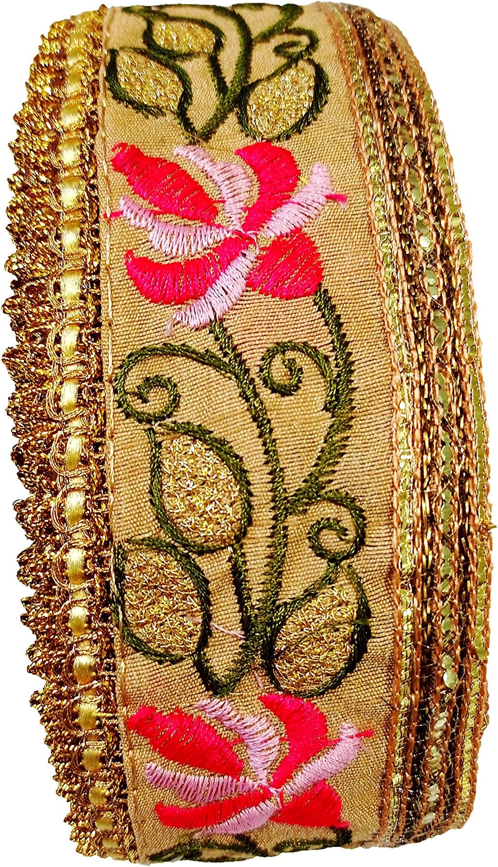 HIMAN FRENJNI Women's Fabric Ethnic Wear Beige Color Lace and Pink Flower and Green Beautiful Leaf, Ribbon Embroidery Heavy Work Lace Border for Saree, Kurti, Dresses, Bandhani, Lehenga