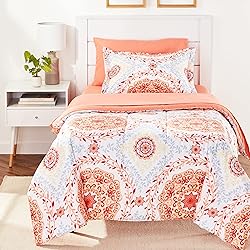 Amazon Basics Twin/Twin XL Lightweight Microfiber Comforter Bedding Set with Printed Sheets, 5-Piece Bed-in-a-Bag, Coral Medallion