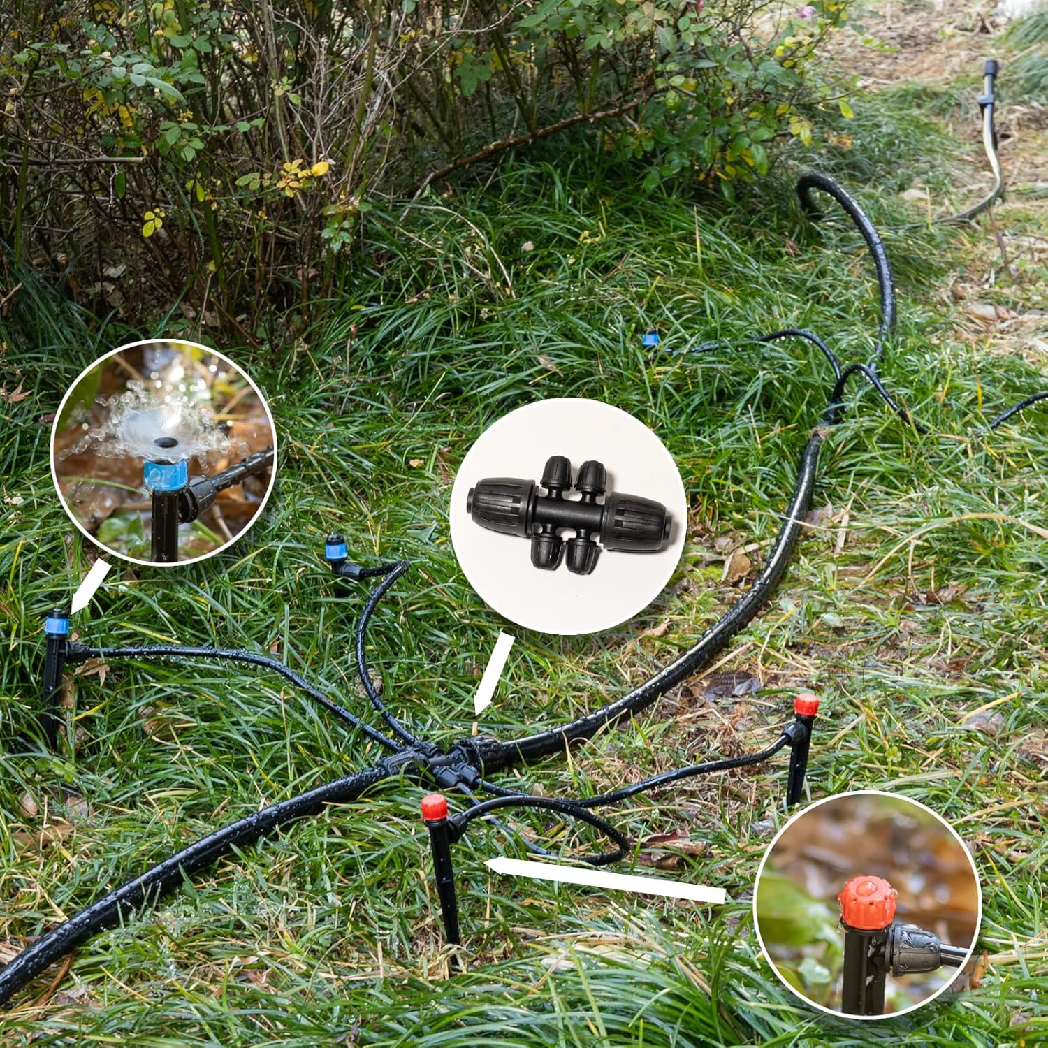 100Ft Drip Irrigation System Kit with 1/4 Inch 5/16 Inch Irrigation Tubing Hose Watering Kit Locked Fittings 360 Degree Micro Drip Sprayer Automatic Irrigation Equipment for Small Farm, Raised Bed