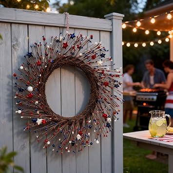 HipTree 20 Inch Patriotic Wreath for Front Door, 4th of July Door Wreath