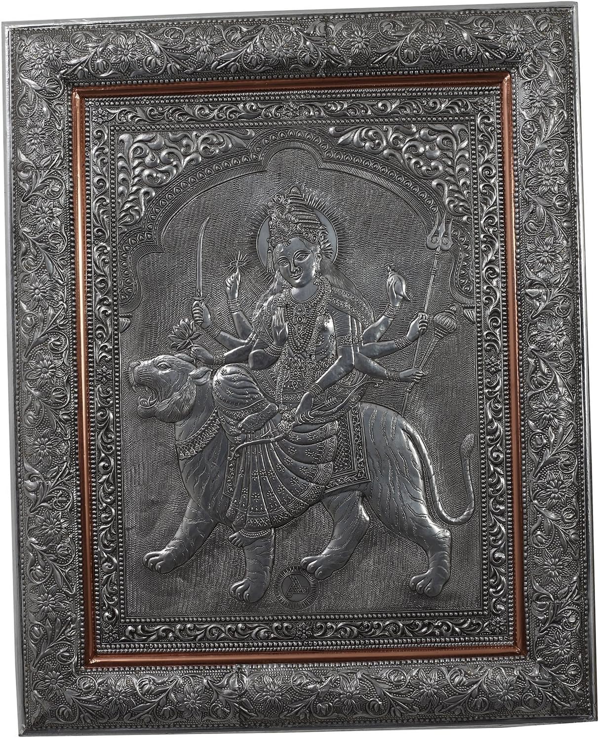 Kapasi Handicrafts Hindu Goddess Ambaji/Ambe Maa/Durga Maa/Ma Embossed On Aluminium Oxidise Sitting Wall Hanging Photo Frame (45L X 58H) CM Antique Finish Indian Home Decor Art Piece