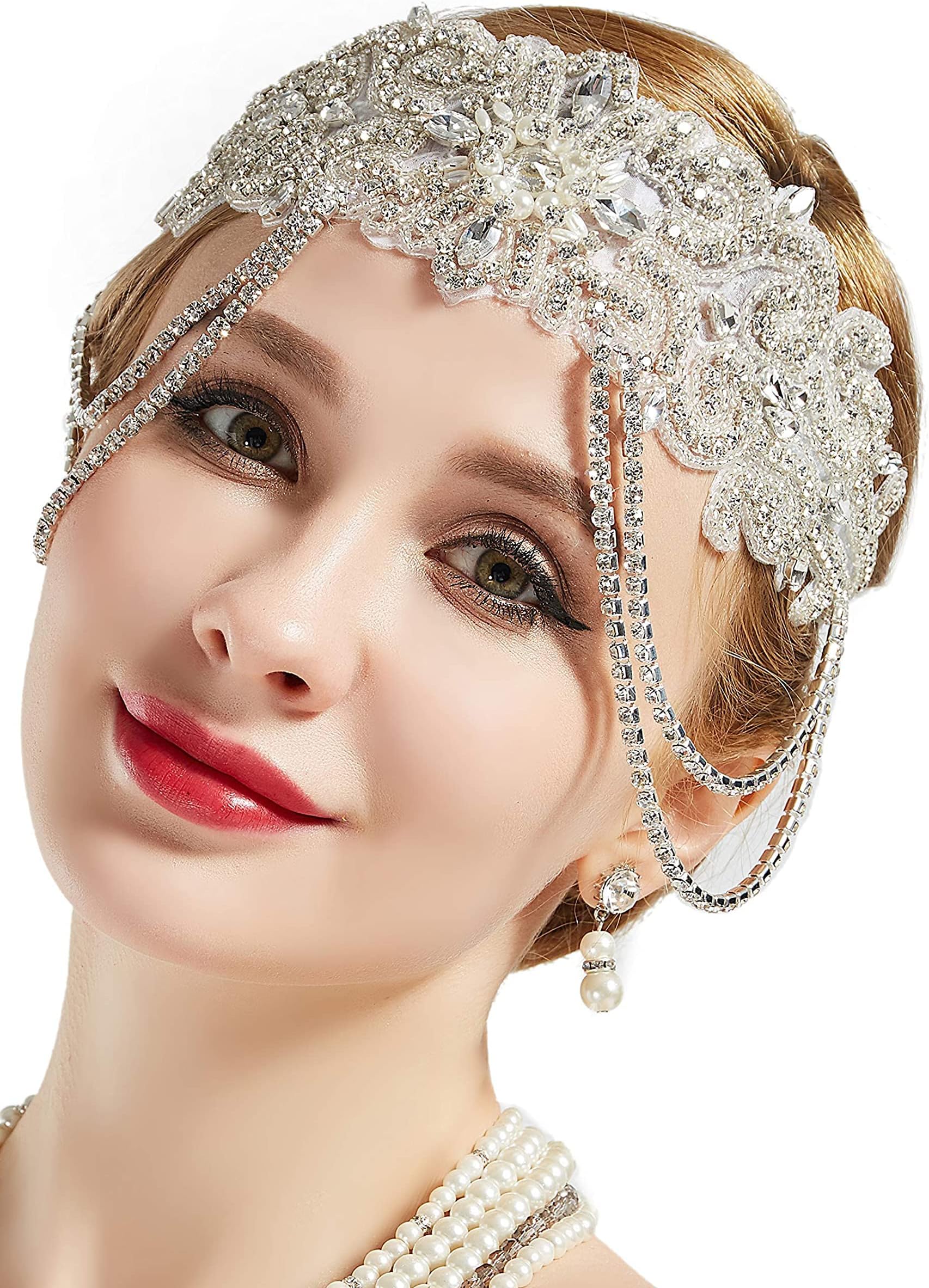 Excefore Flapper Headband Rhinestone Elastic 20s Bridal Headpiece Great Gatsby Accessory with Rhinestones Chain for 1920s Themed Wedding Costume