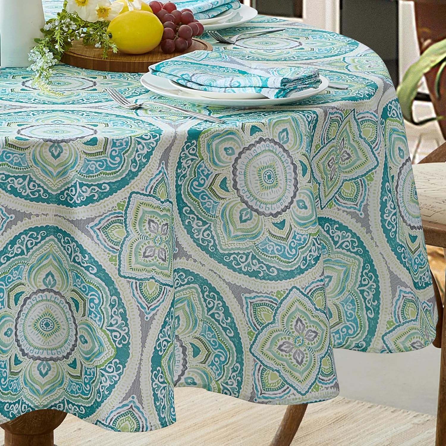 Newbridge Oval Fabric Tablecloth, Santorini Mosaic Glass, 60 x 84 Inch, Indoor Outdoor Stain and Water Resistant Heavy Weight Dining Table Cover, Mediterranean Blue and Green