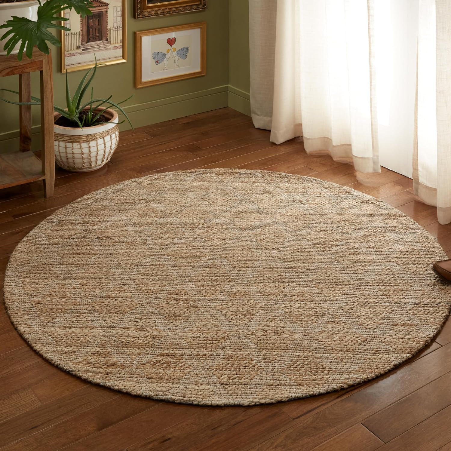 TOWN & COUNTRY TERRA Sol Interwoven Diamond Hand-Knotted Flatwoven 100% Natural Jute Round Area Rug, Natural/Black, 5" Round