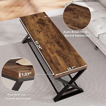 LVB Rustic Brown Industrial Entryway Bench with Storage, Indoor Wood and Metal Storage for Living Room Bedroom, Accent Shoe Rack Seating Bench for Hallway Foyer Entrance, 120 CM