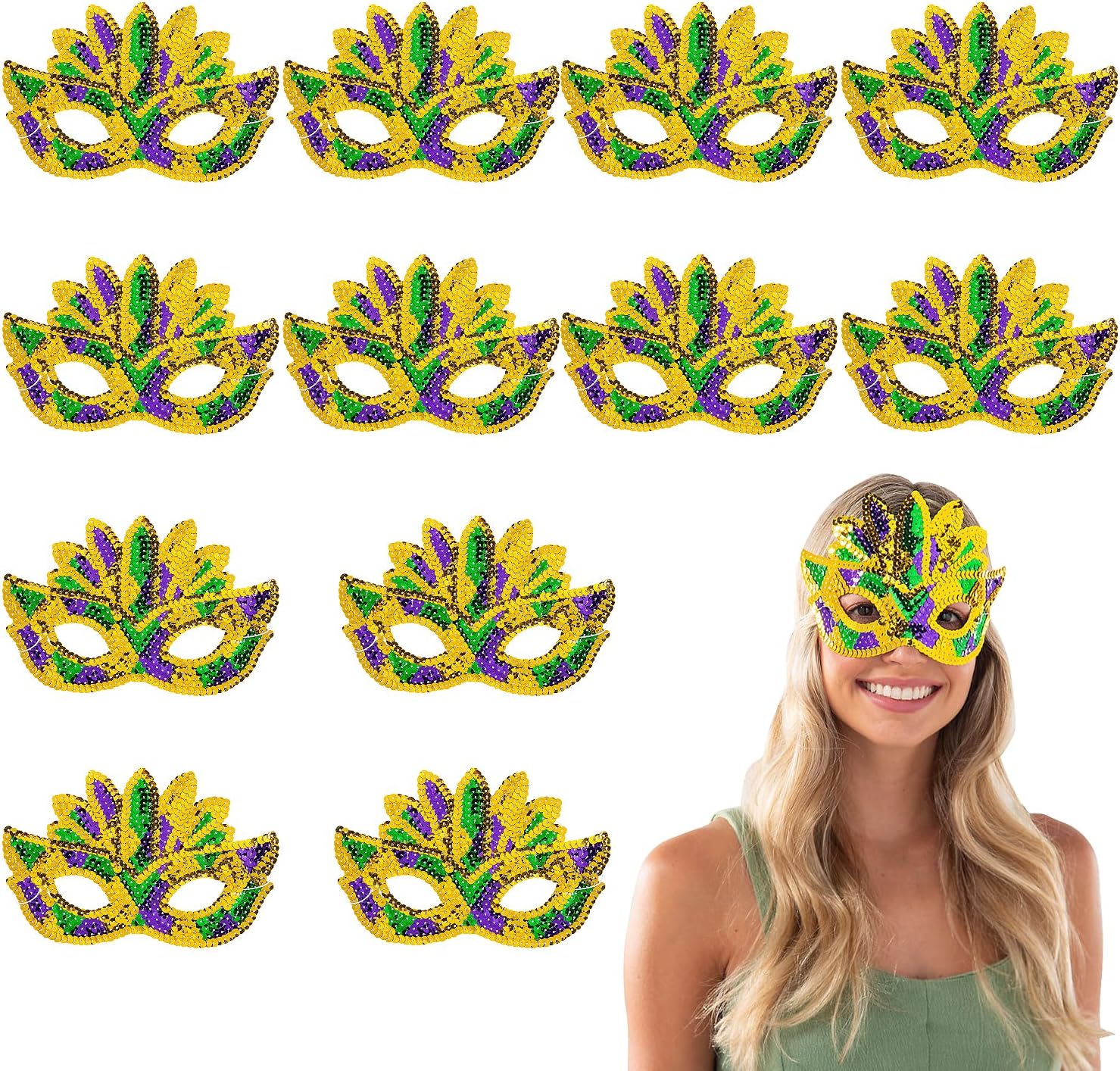 Fun Express 8" x 5 1/4" Gold, Green & Purple Mardi Gras Masks with Sequin Feathers - 12 Pieces
