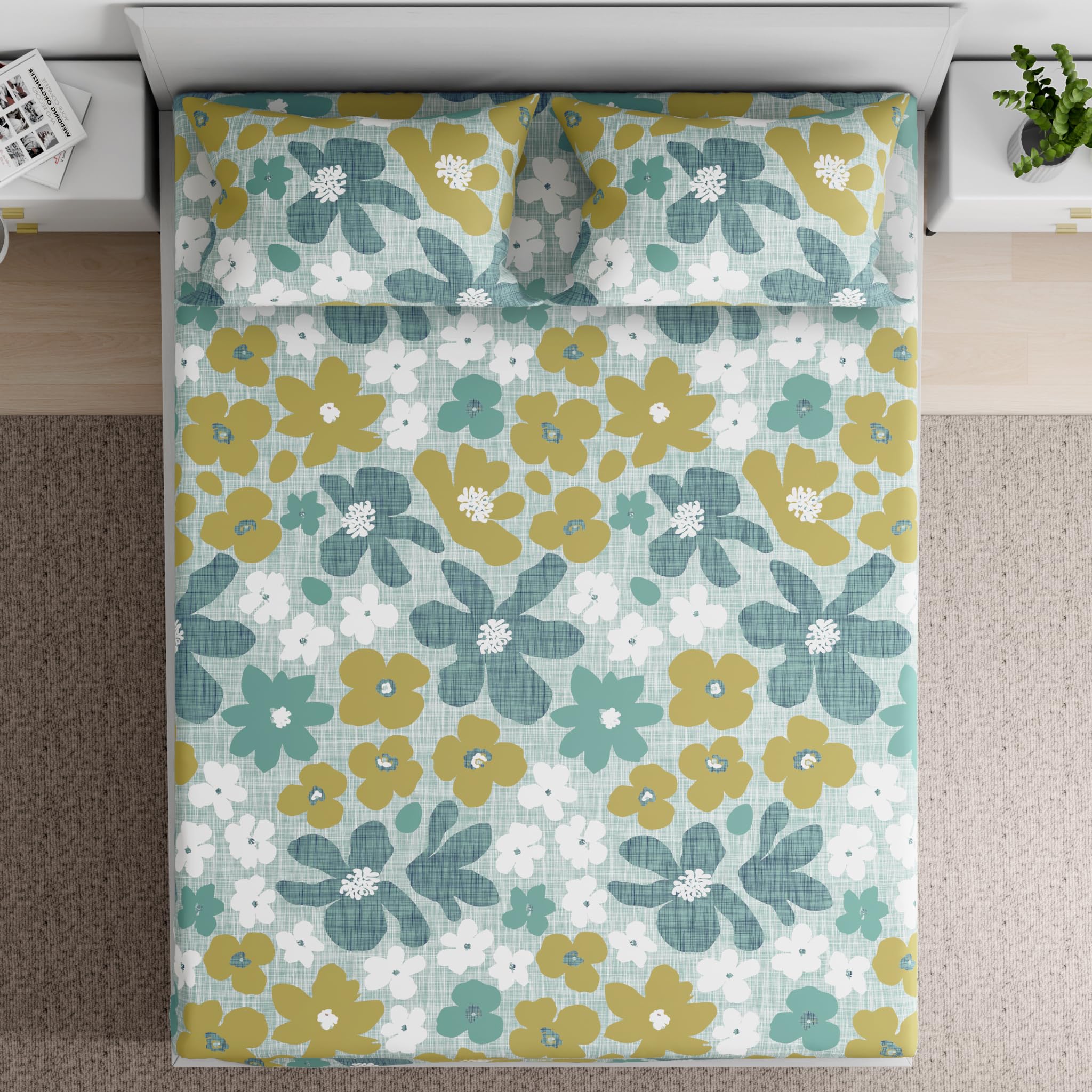 Wakefit Essentials 100% Cotton Super Soft Flat Bedsheet with 2 Pillow Covers | Adabella Green King (104 x 104 inch) | Adabella Green