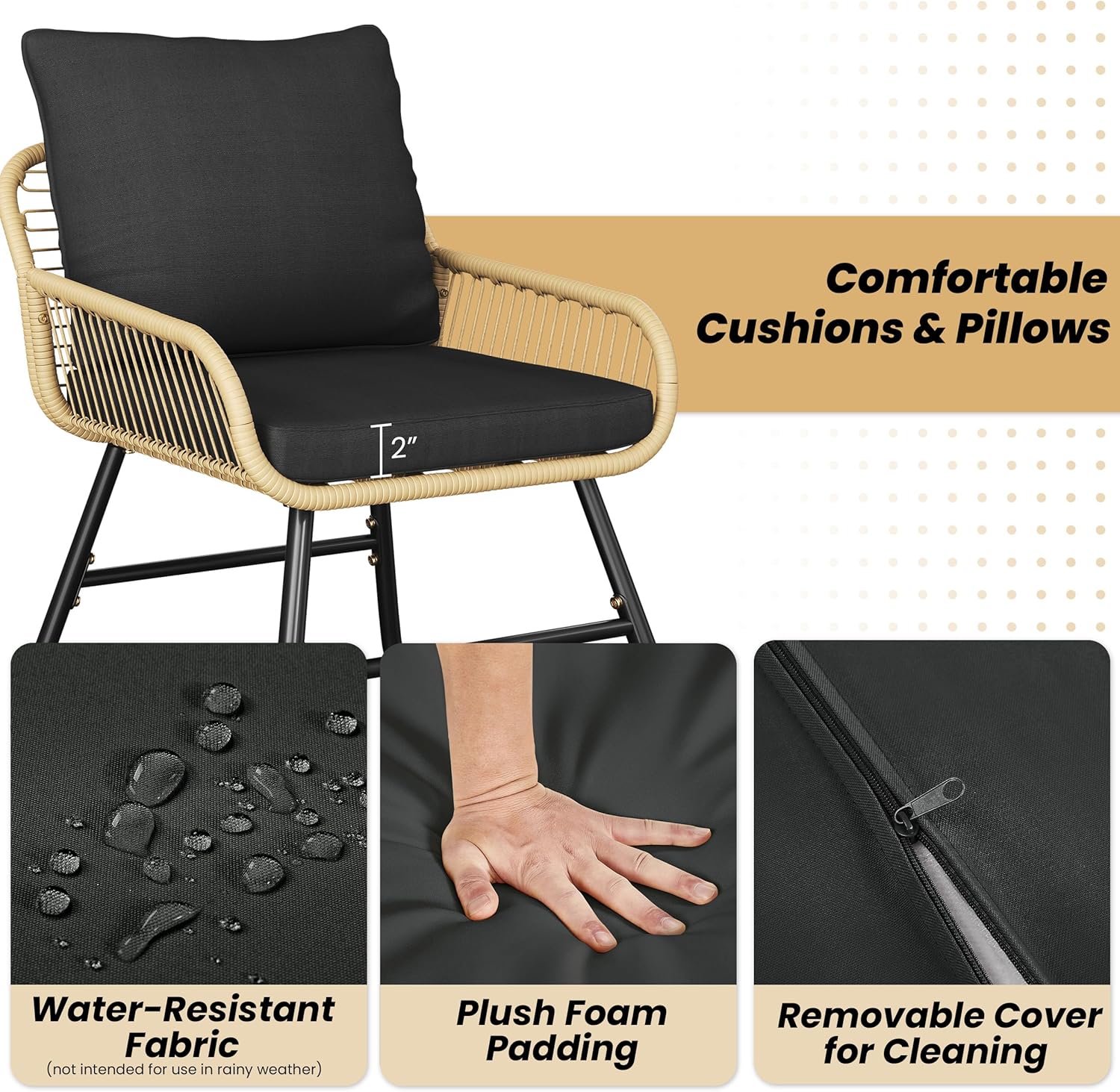 Close-up of the comfortable cushions and pillows, highlighting water-resistant fabric, plush foam padding, and removable covers