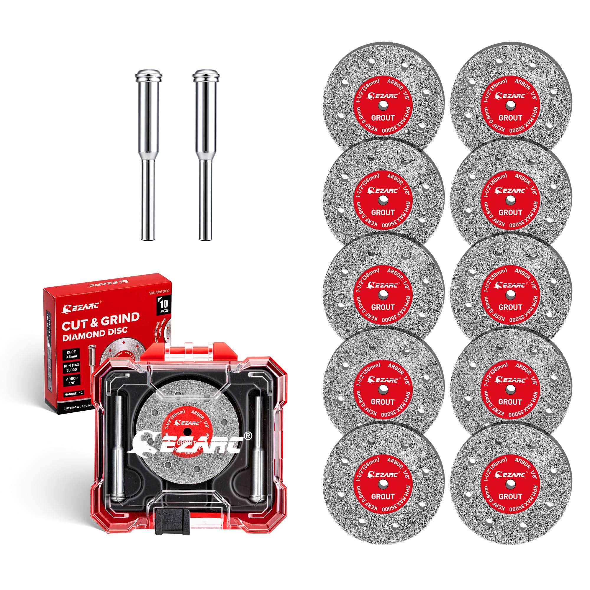 ezarc 1-1/2 diamond cutting wheel for cutting sharpening carving, 0.6mm kerf, 1.5" x 1/8" tile cutting wheel 10-pack, rotary tool cutting disc accessories include 2 mandrels