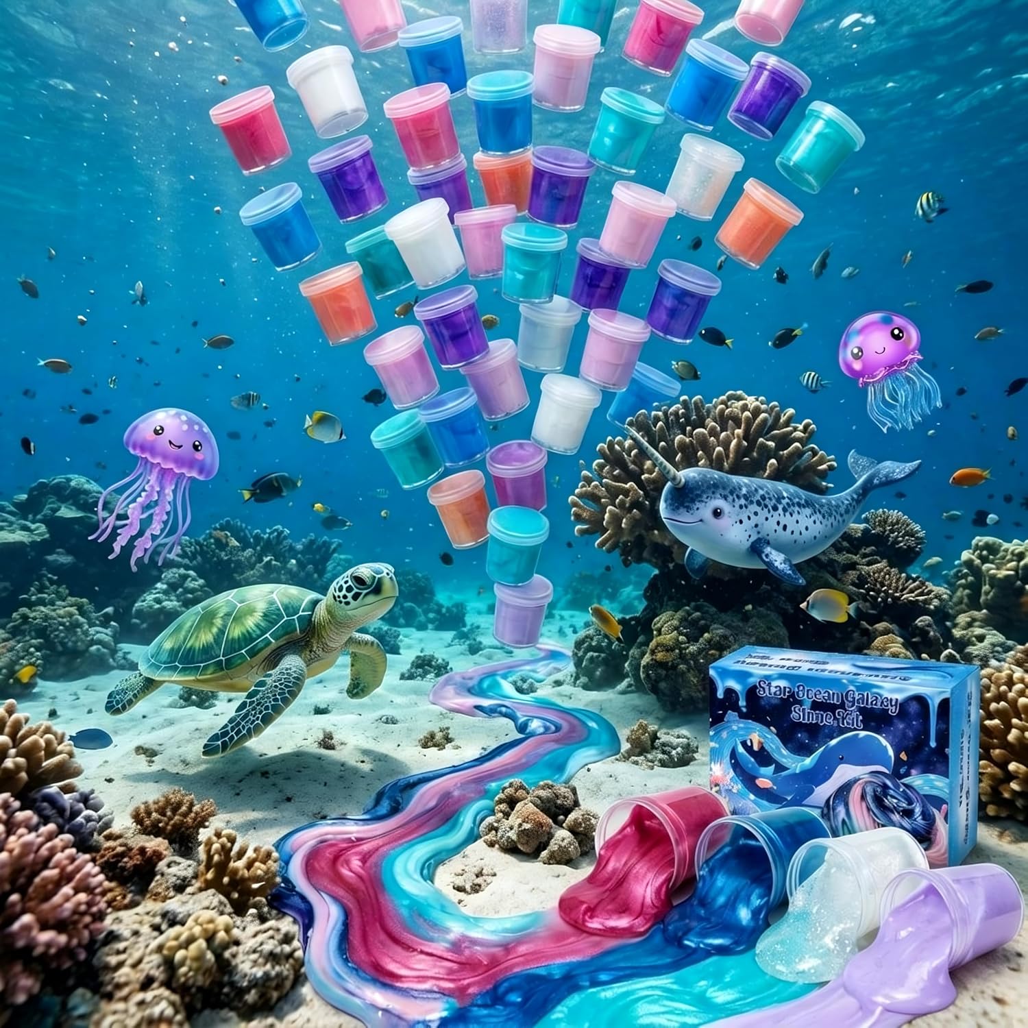 50 Pack Ocean Galaxy Putty Slime Kit, Includes 3 Cute Ocean Decorative and a Pack of Colorful Foam Balls,Party Favor for Kids Girls & Boys,Stress & Anxiety Relief,Birthday Gift,Easter Basket Stuffers