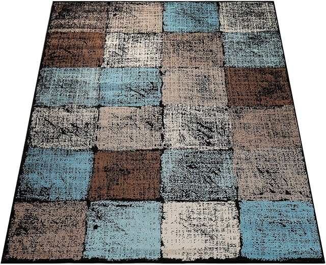 Paco Home Designer Rug Living Room Attractive Colour Combination Checked Turquoise Brown Cream, Size:140x200 cm