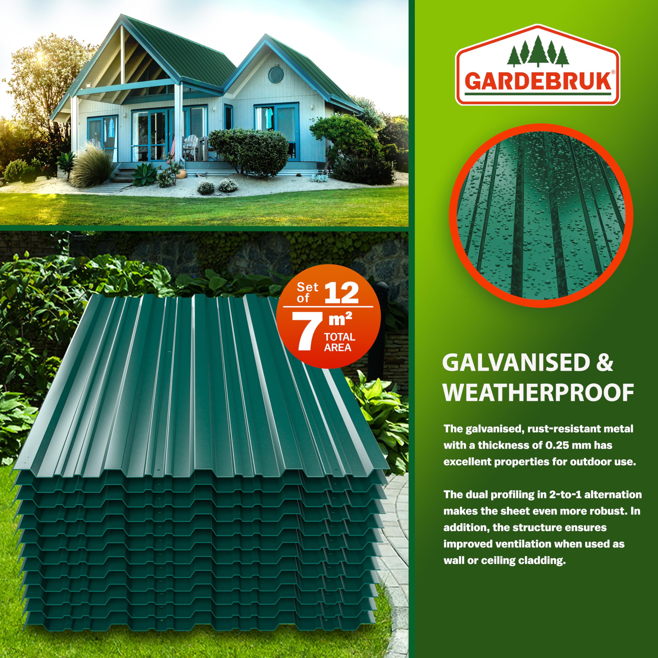 GARDEBRUK® 12x Corrugated Metal Roofing Sheets 129x46cm Green | For Garden Shed Metal Sheds Plastic Sheds & Greenhouse 7m² Galvanised Roof Panels Outdoor Storage Bin Store Bike Shed product thumbnail 3