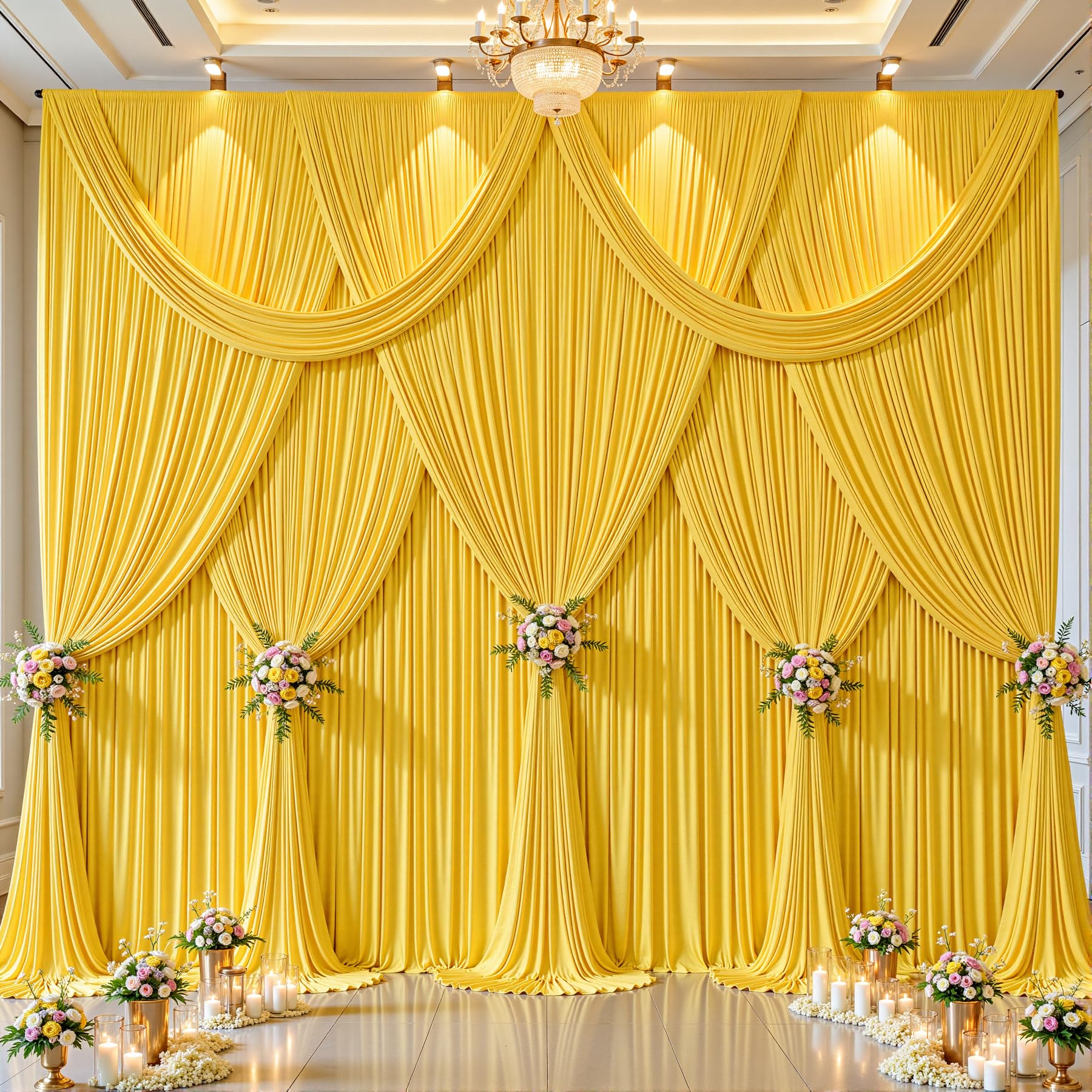 Photo 1 of 10 Panels Yellow Backdrop Curtains - Wrinkle Free Fabric Backdrop Curtain for Photoshoot, 10FT Wedding Party Photo Backdrop Drapes for Birthday Baby Shower Photography Stage Background Decorations