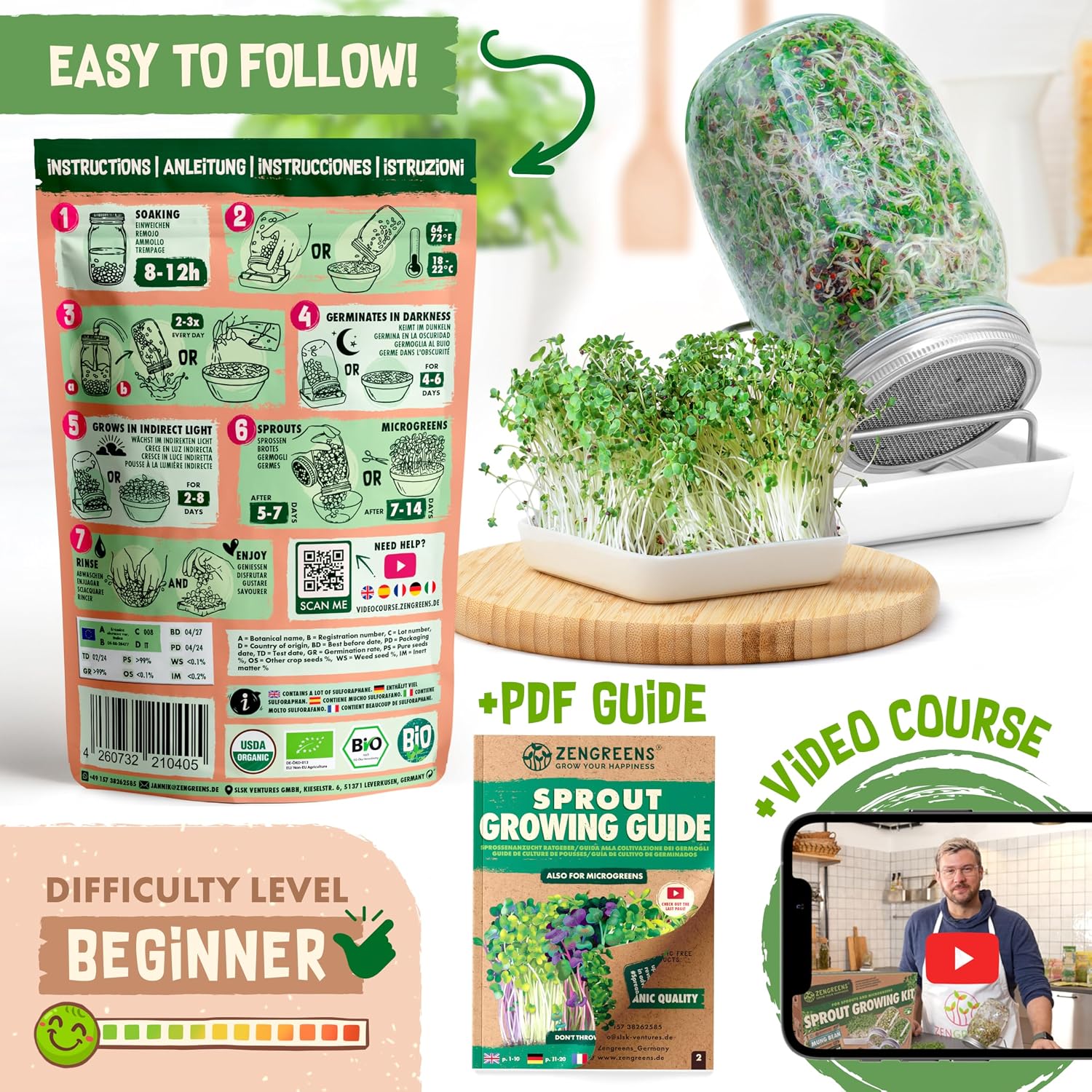 ZenGreens - Organiczne nasiona brokułów kalabryjskich - Wybierz pomiędzy 10 200 g i 500 - nasiona brokułów kalabryjskich o zdolności kiełkowania ponad 97 - nasiona brokułów kalabryjskich kiełki