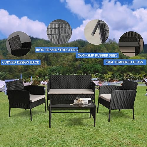 Miniatura 4 de Bonrcea Rattan Sofa Furniture Set,Patio Furniture Set,4-Piece Outdoor PE Rattan Wicker Table and Chairs Set Garden Porch Sets with Cushion for