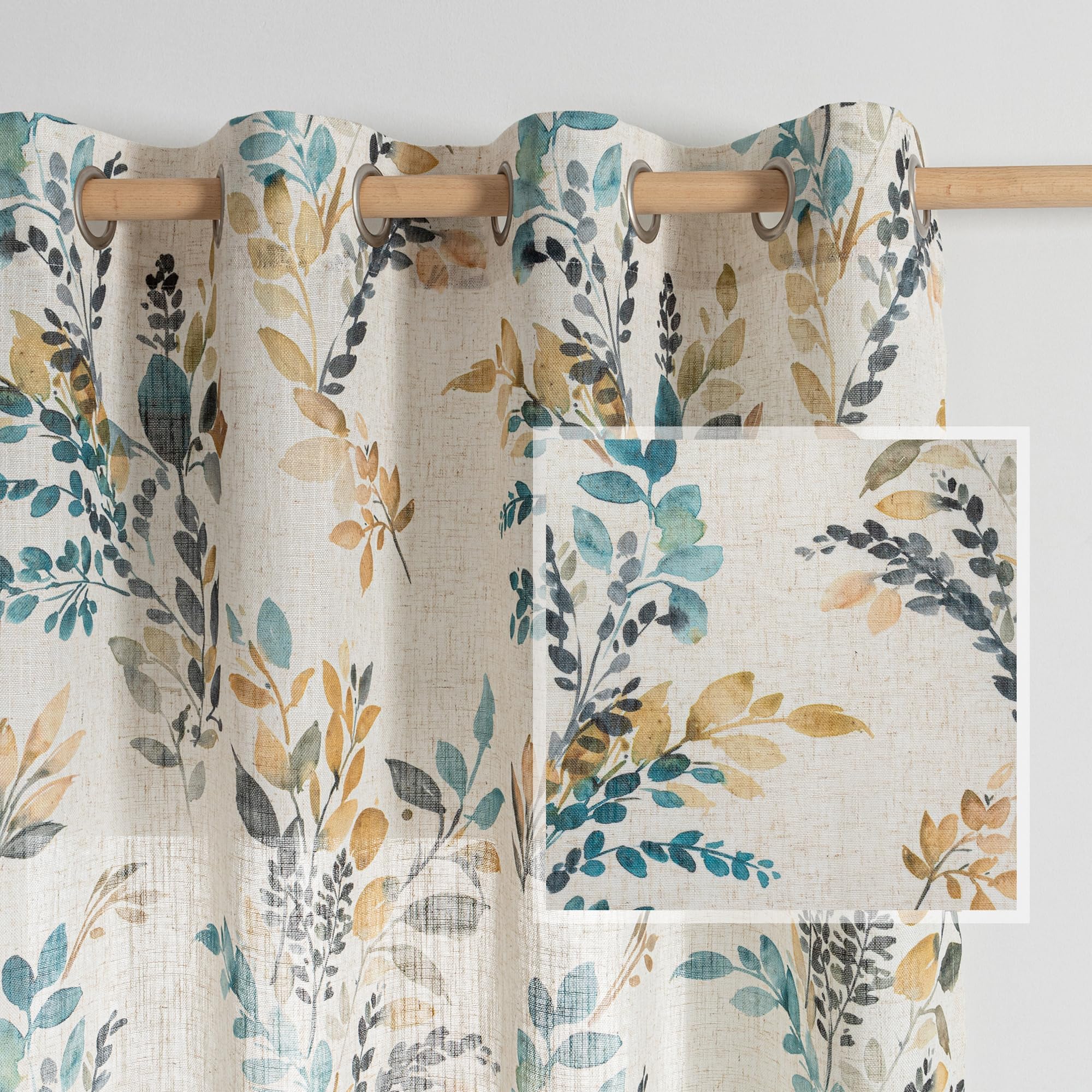 MYSKY HOME Floral Linen Curtains 45 inch Length 2 Panels Set Leaf Patterned Semi Sheer Light Filtering Privacy Farmhouse Grommet Drapes for Bedroom Small Window, 52" Wide Each Panel, Yellow and Blue