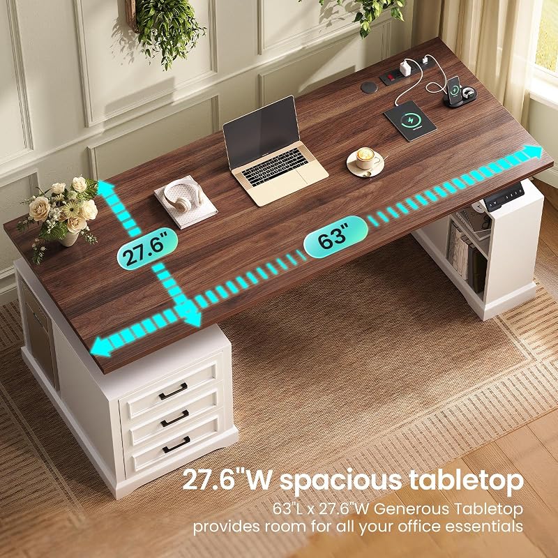 SEDETA 63" Farmhouse Electric Standing Desk with 3 Drawers, Storage Shelves image 4