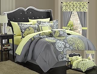 Chic Home Olivia 20 piezas Juego de colcha Reversible diseño de cachemira juego de cama completo en una bolsa con juego de sábanas, ventana tratamientos, y decorativo almohadas, reina, color gris/amarillo