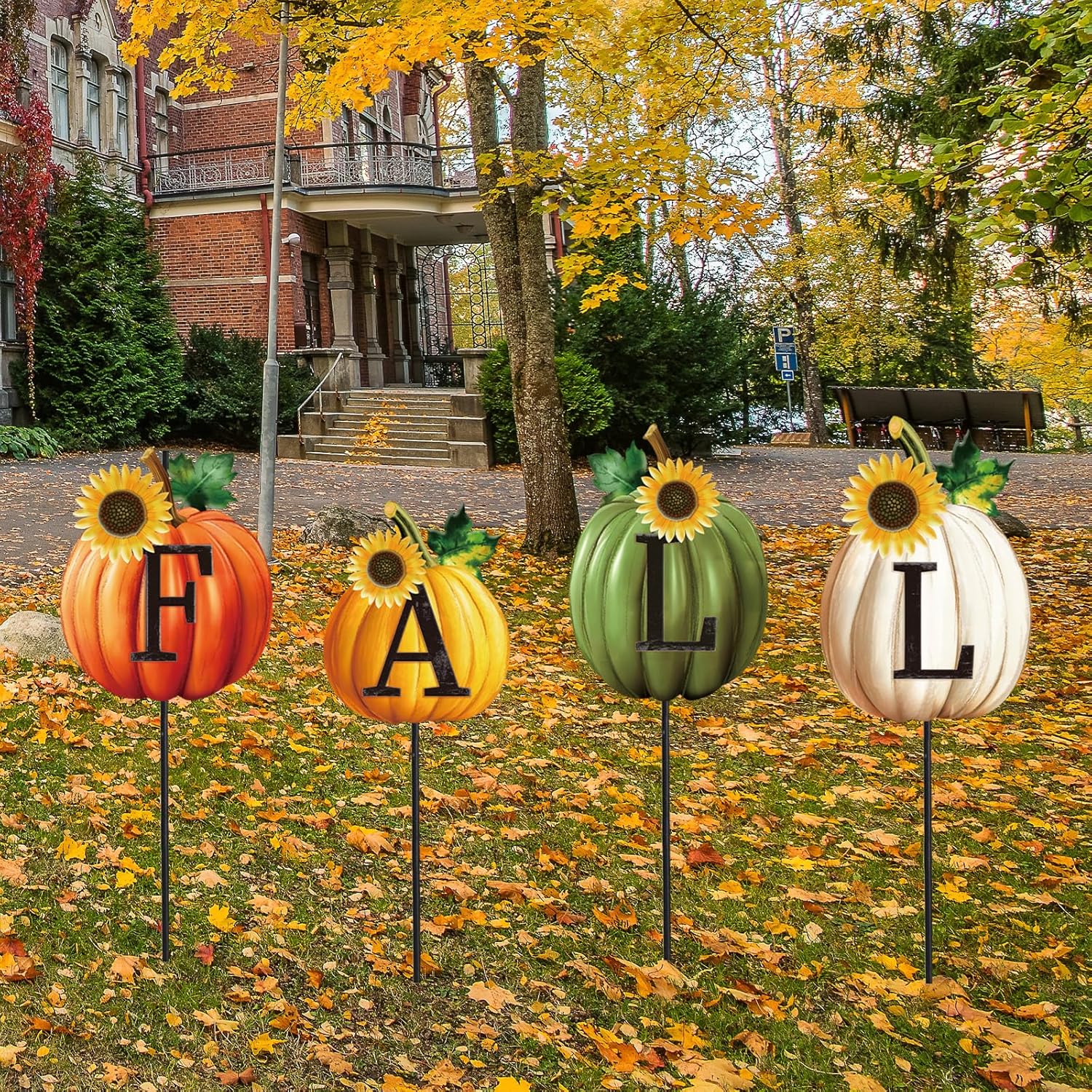 JarThenaAMCS Set of 4 Thanksgiving Pumpkin Metal Garden Stakes Fall Pumpkin Decorative Lawn Sign Seasonal Autumn Welcome Yard Sign for Harvest Home Outside Lawn Porch Decor