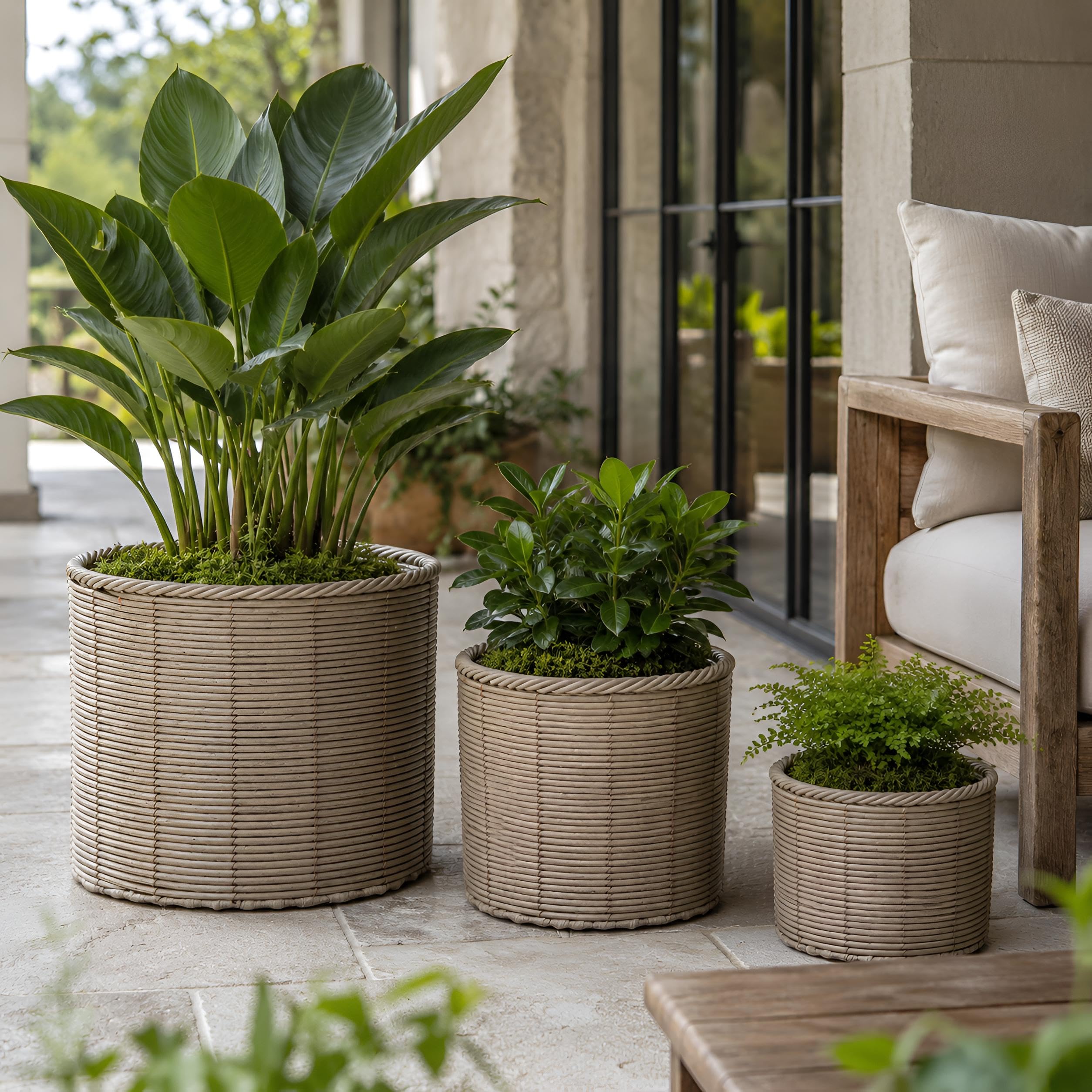 colourliving Gala Pflanzkübel 3er Set Polyrattan, Übertöpfe naturgrau mit Folieneinsatz und Metallrahmen für Wohnzimmer Wintergarten und überdachten Außenbereich (Cylinder - Zylinderform)