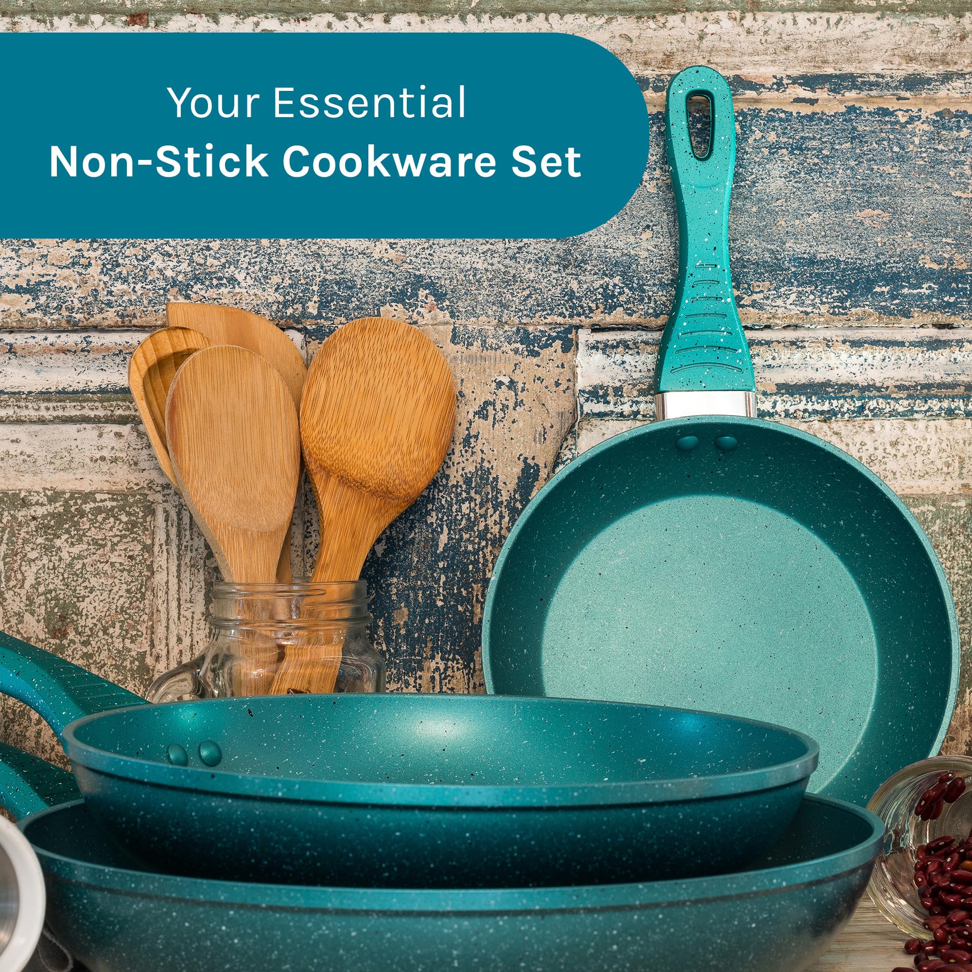 Picca Gravina 3-Piece Large Frying Pan Set - Easy Clean Marble Non Stick Cooking Pan Set with Mineral Based Coating - No PFAS/PFOS/PFOA - Turquoise Green - 8in, 10.4in, 12in