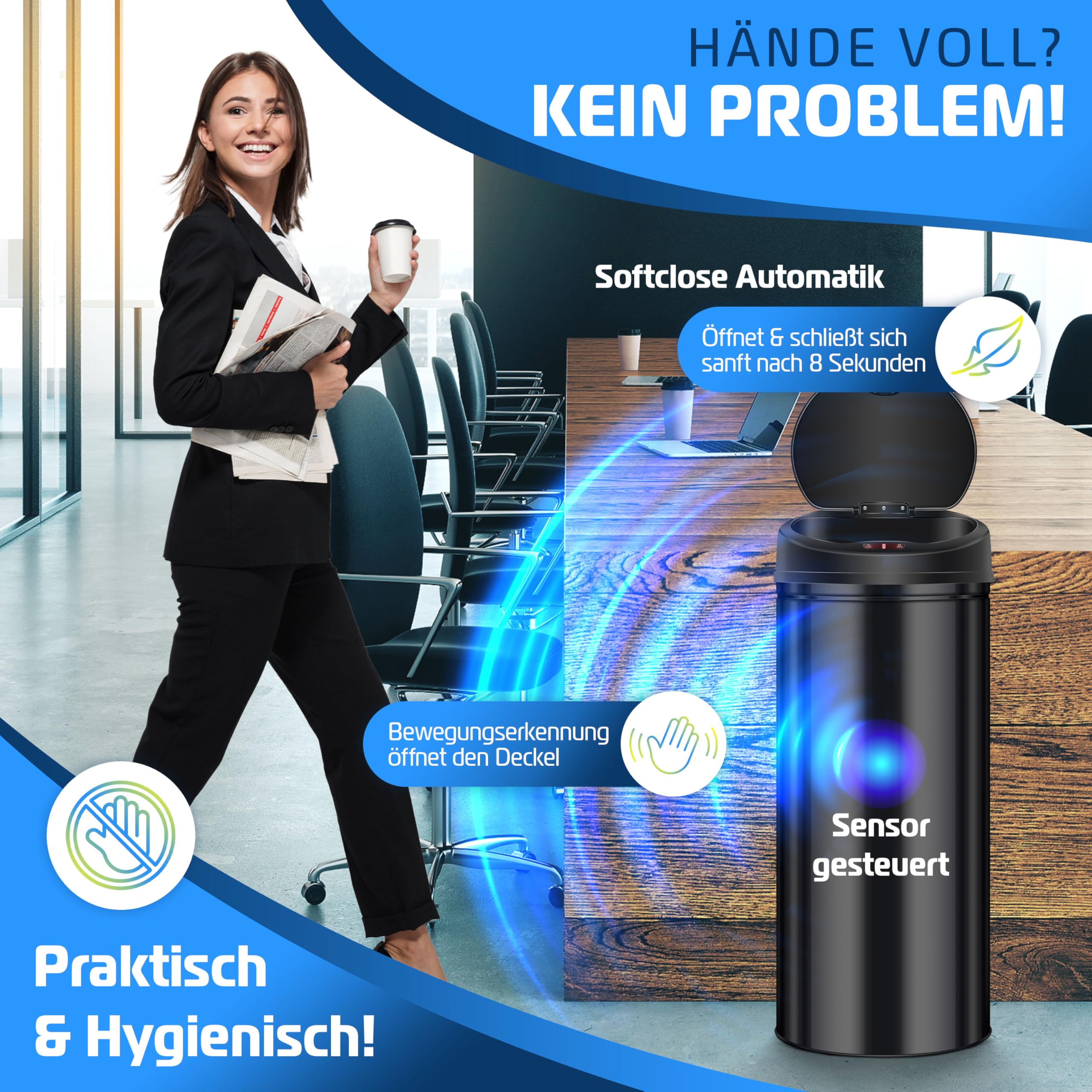 KESSER Sensor Mülleimer 56 Liter Edelstahl Schwarz Automatik Abfalleimer
