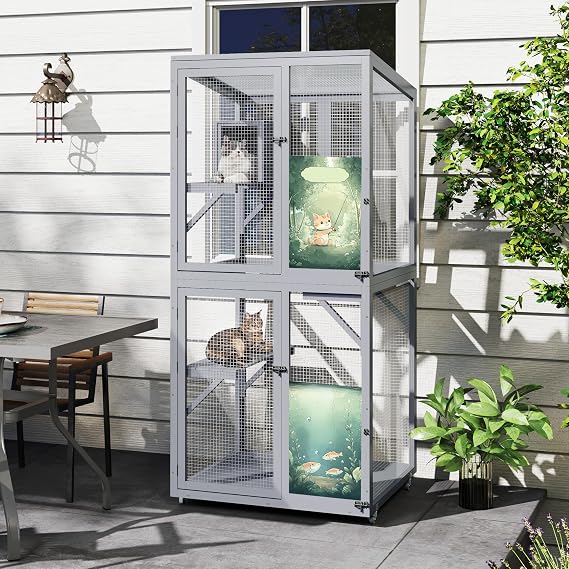 Wooden Cat House Outdoor and Indoor on Wheels with Jumping Platforms, Removable Large Catio Up to 44 lbs, Window Playpen for Outside with Resting Condo (80L x 80W x 178.5H cm)