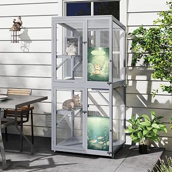 Wooden Cat House Outdoor and Indoor on Wheels with Jumping Platforms, Removable Large Catio Up to 44 lbs, Window Playpen for Outside with Resting Condo (80L x 80W x 178.5H cm)