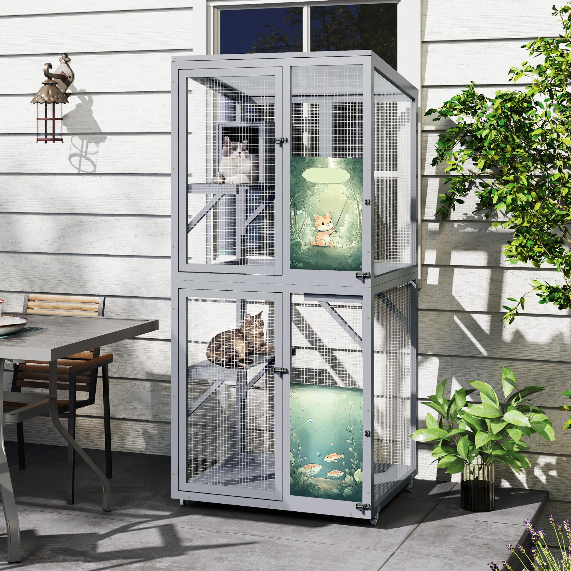 Recinto mobile per gatti, in legno, con ruote, 3 ripiani, resistente alle intemperie, per balcone e giardino, 178 x 80 x 80 cm