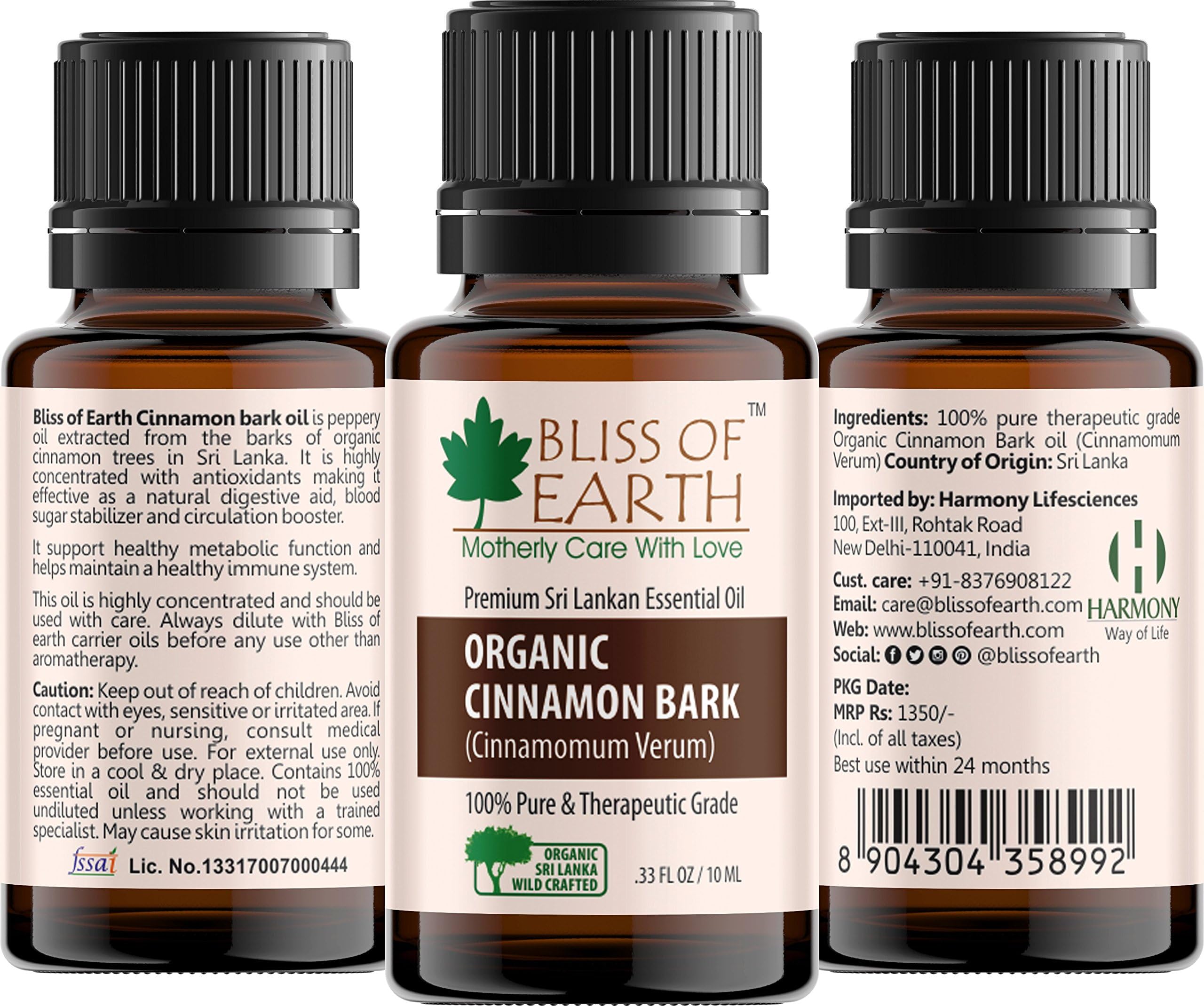 BLISS OF EARTH Therapeutic Grade Organic Ceylon Cinnamon Bark Essential Oil (10 ml)