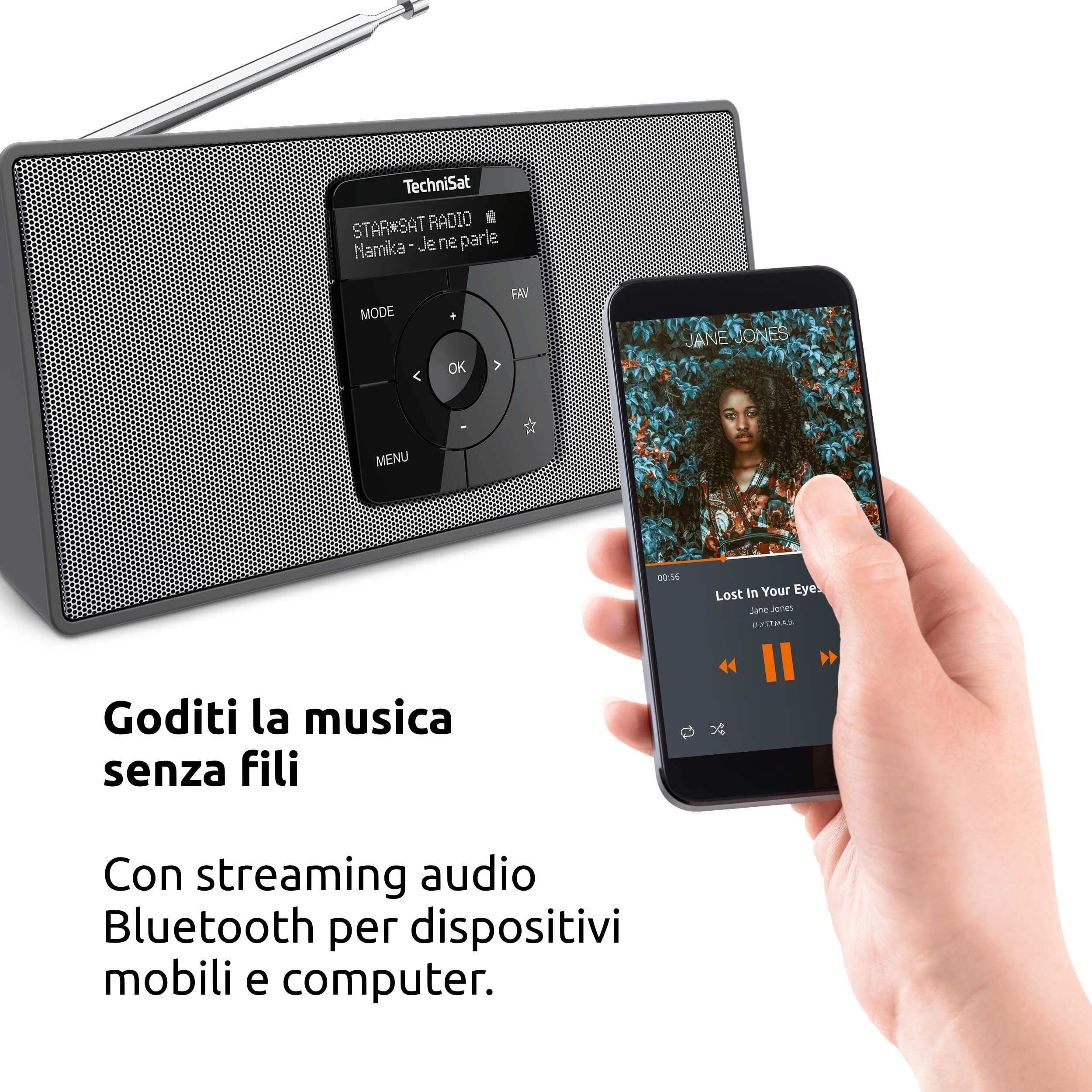 TechniSat DIGITRADIO 2 S - Radio stereo DAB portatile con batteria ricaricabile (DAB+, FM, Streaming audio Bluetooth, Display OLED, Ingresso per cuffie, Stereo 2 Watt RMS), Nero/Argento