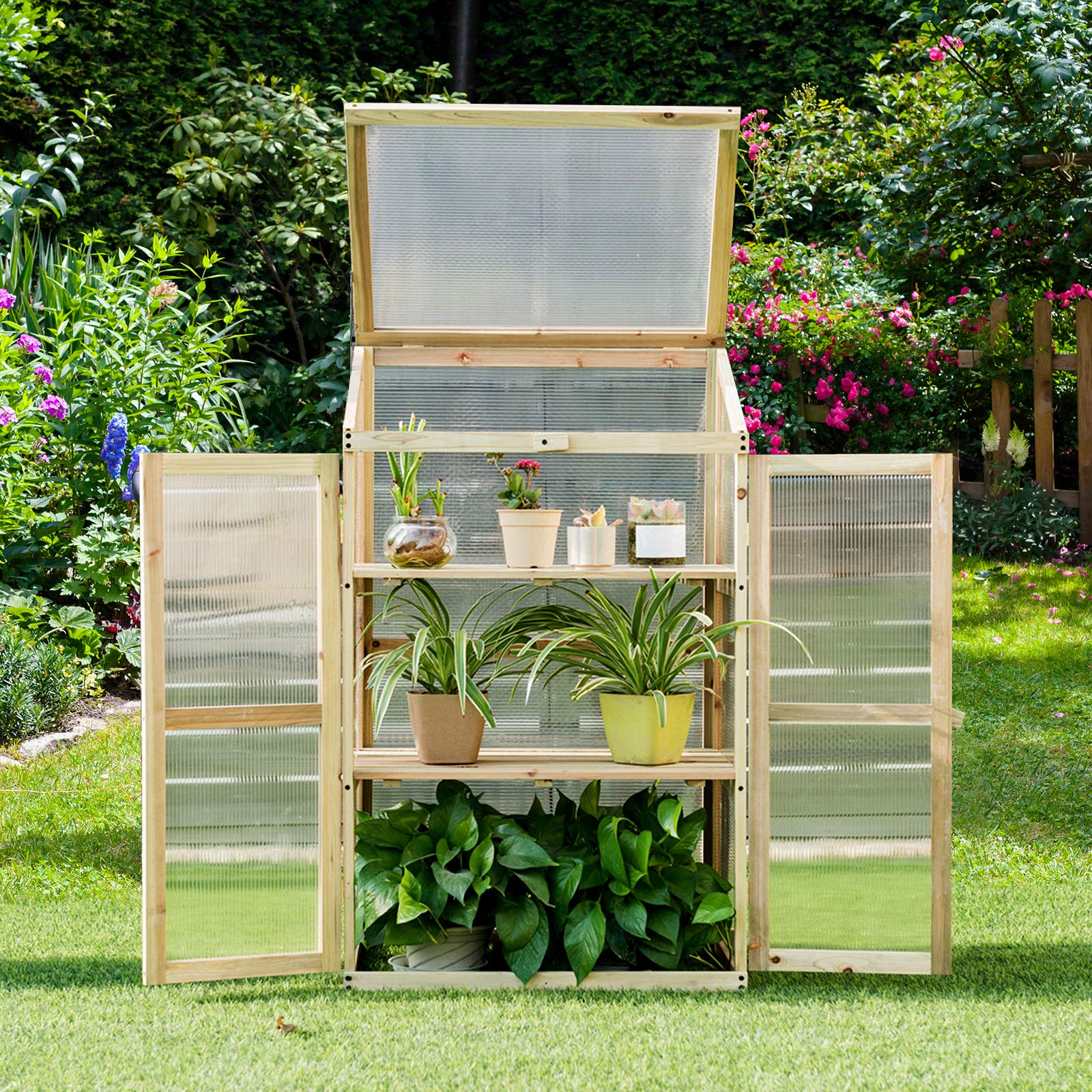 GOPLUS Frühbeet, Frühbeetkasten mit Abdeckung, Gewächshaus aus Tannenholz & Polycarbonat, Hochbeet Treibhaus für Garten & Balkon, 60 x 45 x 100 cm